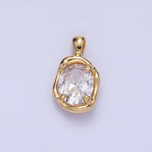 14k gold filled clear cz oval abstract pendant geometric hammered molten charm | h054
