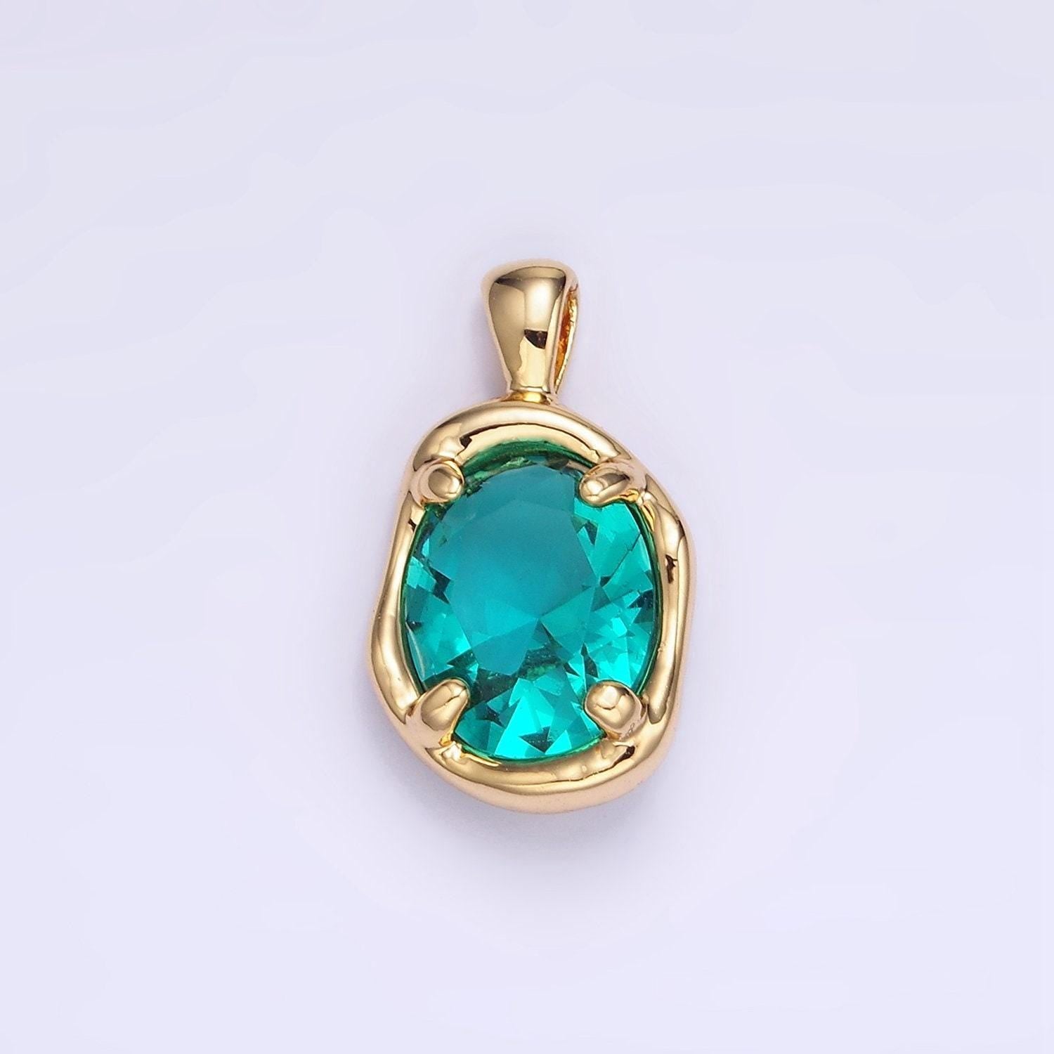 14k gold filled clear cz oval abstract pendant geometric hammered molten charm | h054