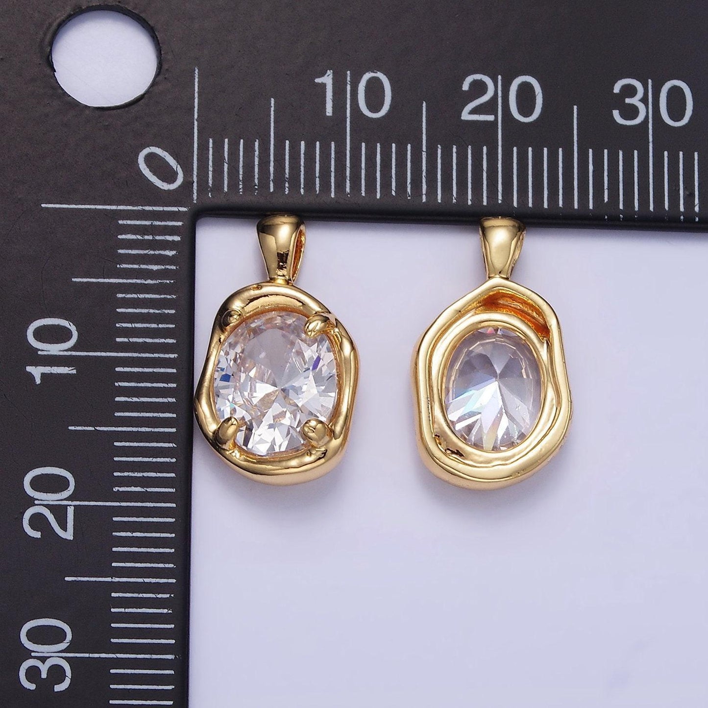 14k gold filled clear cz oval abstract pendant geometric hammered molten charm | h054
