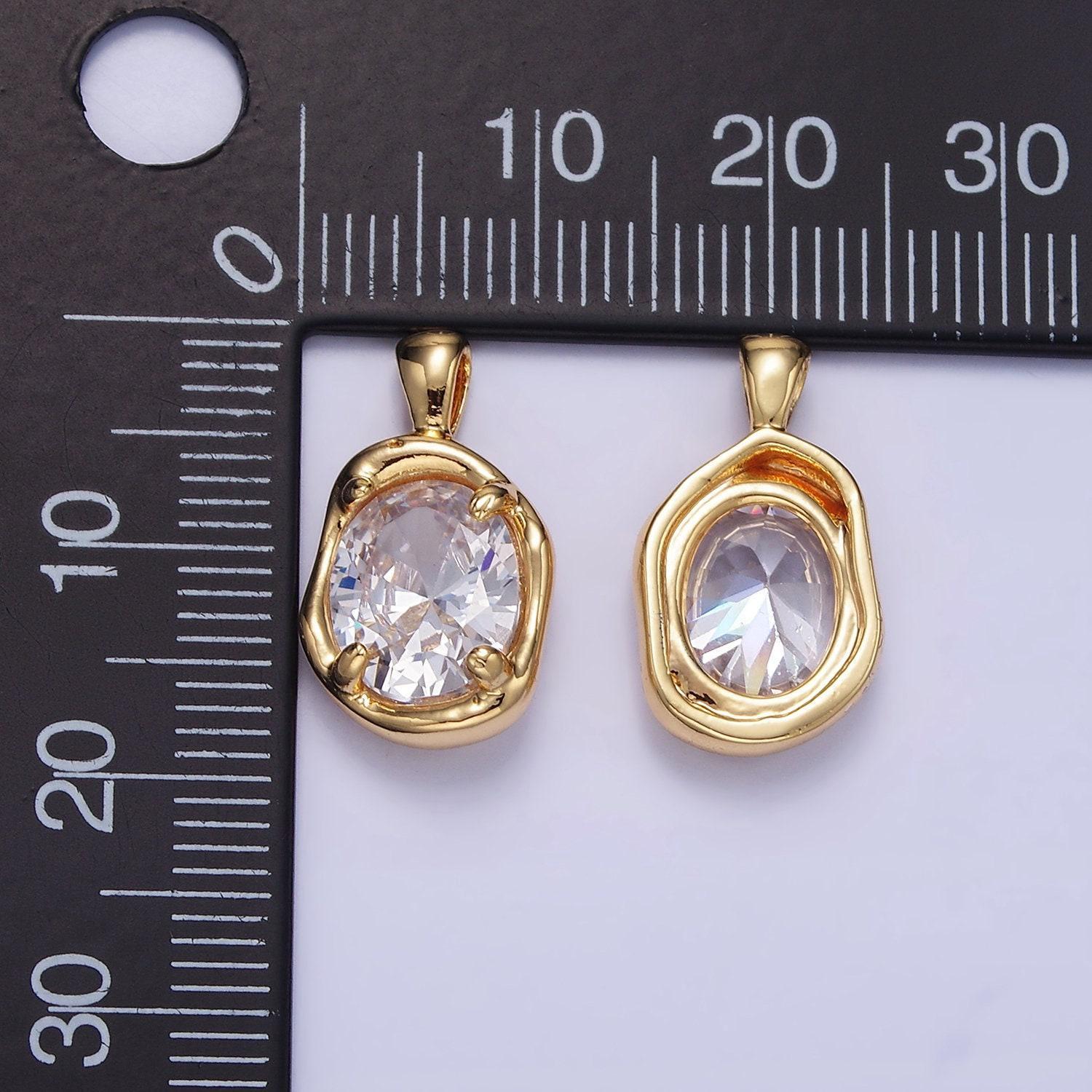 14k gold filled clear cz oval abstract pendant geometric hammered molten charm | h054