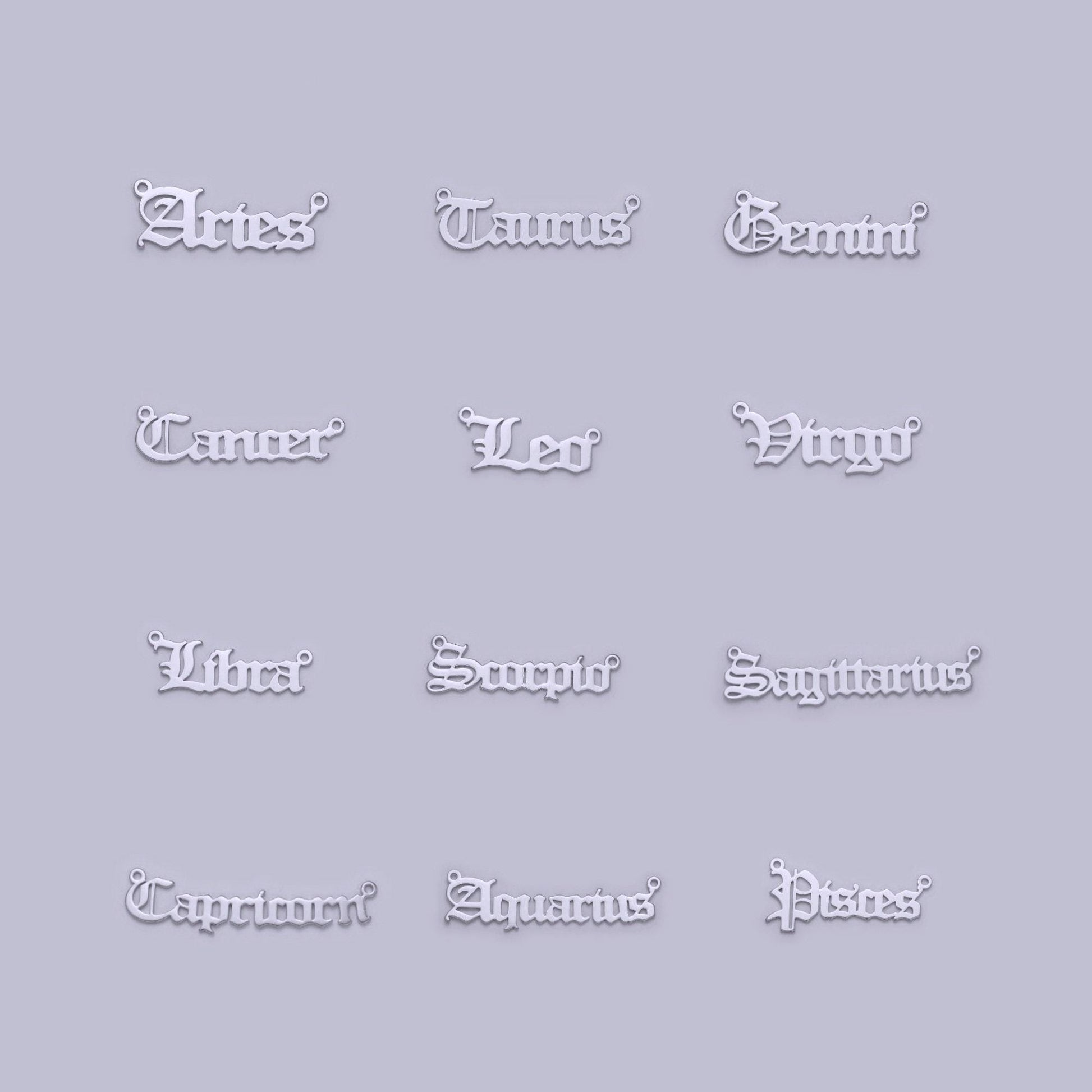 Silver old english font astrology zodiac charms connector for necklace bracelet link, personalized jewelry wholesale a1421-a1426