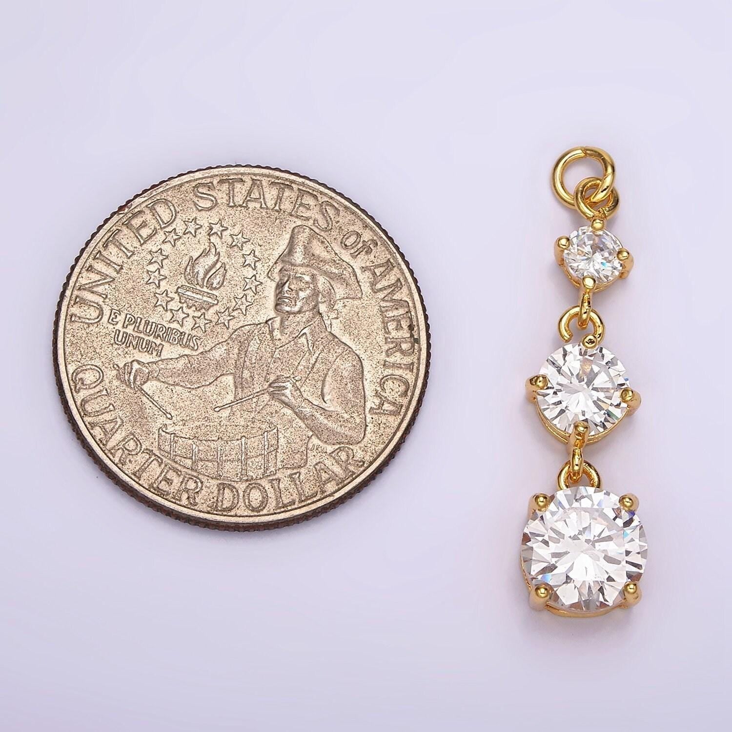 24k gold filled 32mm triple clear cz round linear charm | ac884