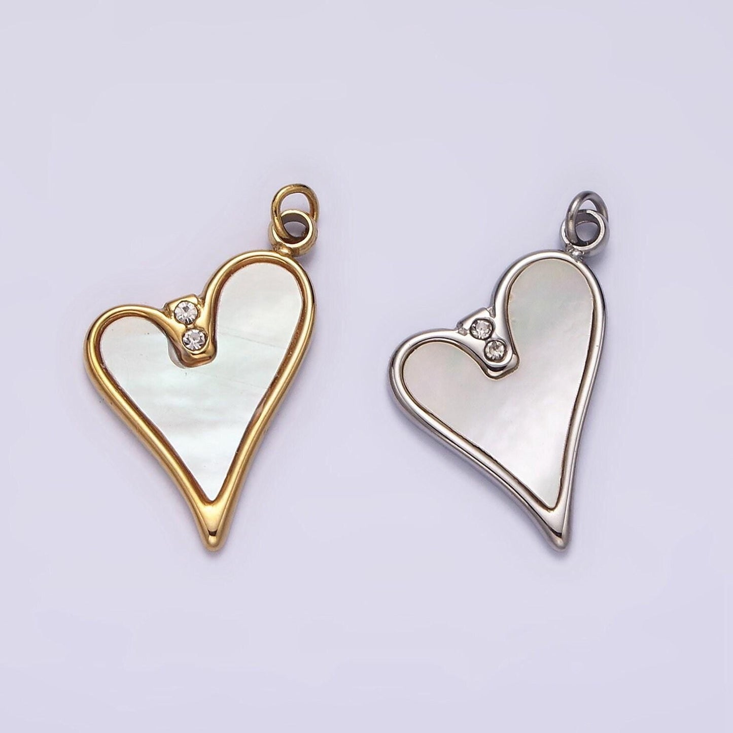 Stainless steel double clear cz shell pearl heart charm in gold & silver | p1296