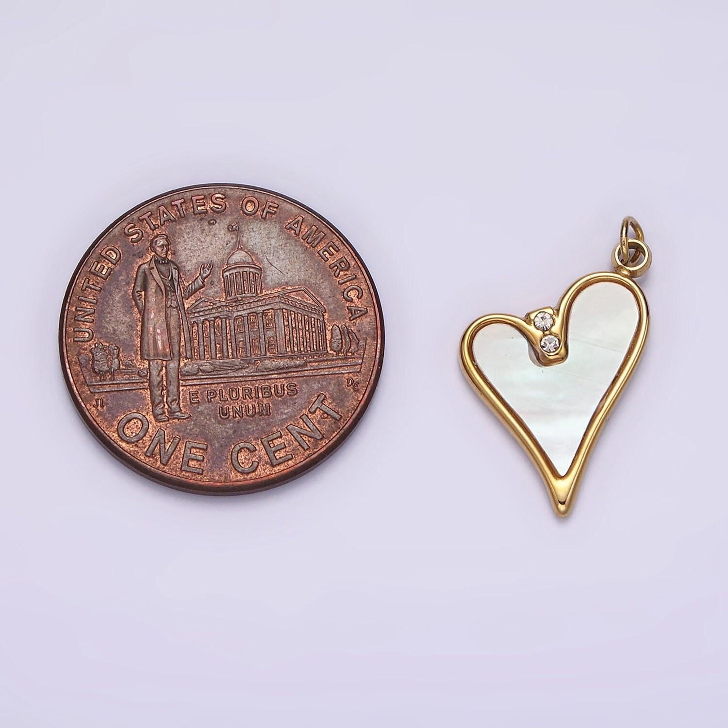 Stainless steel double clear cz shell pearl heart charm in gold & silver | p1296