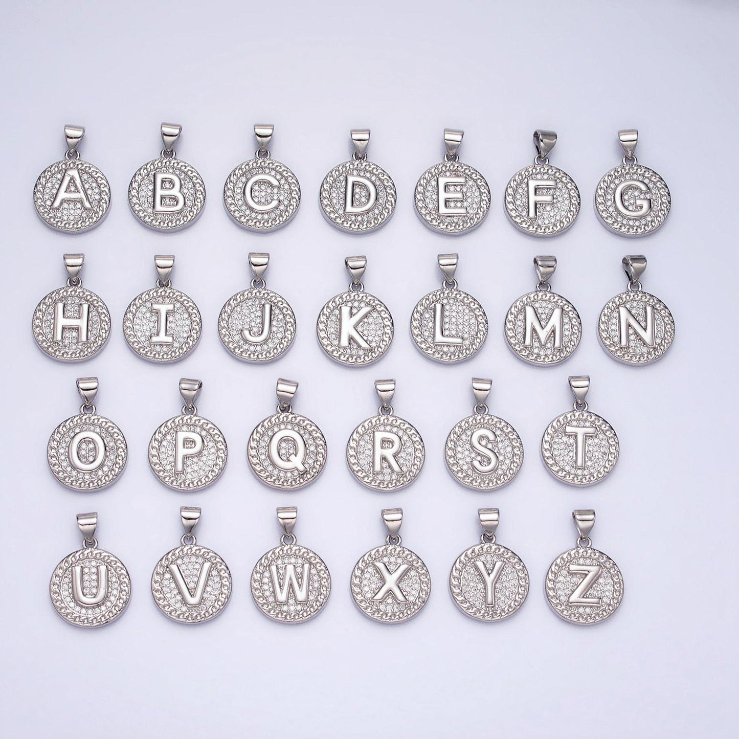 Silver initial coin letter charm a - z alphabet letter medallion charm pendant for personalized necklace jewelry making a455-a467
