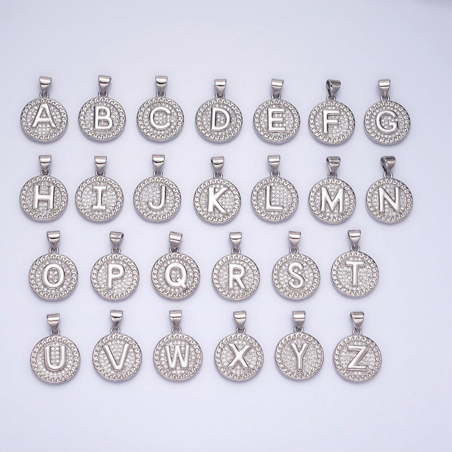 Silver initial coin letter charm a - z alphabet letter medallion charm pendant for personalized necklace jewelry making a455-a467