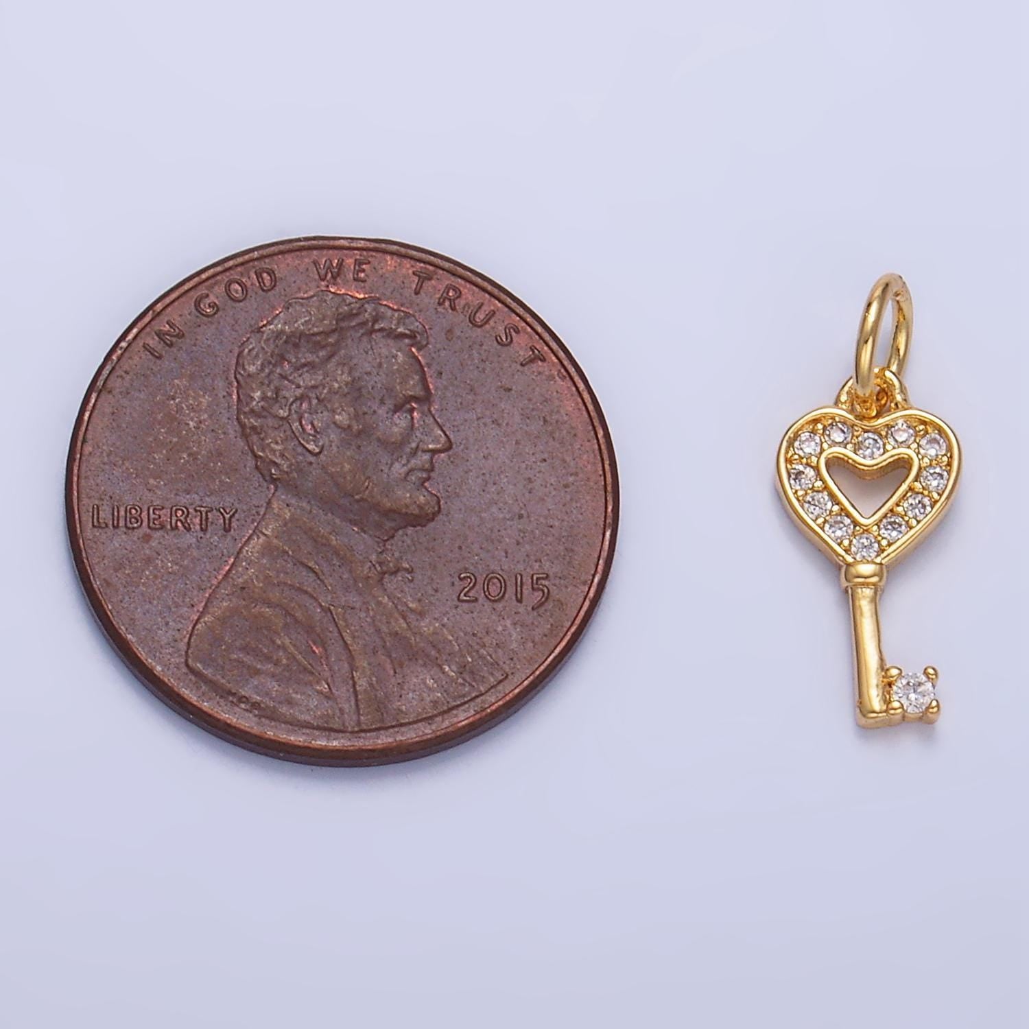 Micro pave cz heart key 24k gold filled charm | w-048