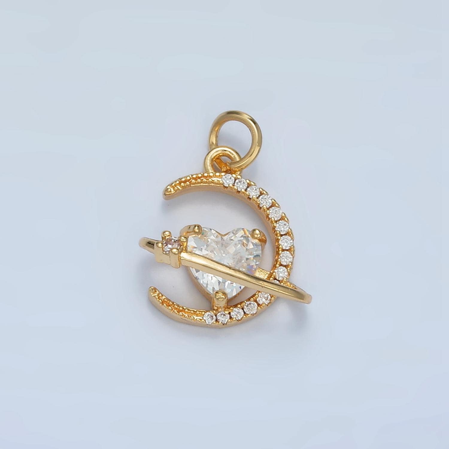 Micro paved cz crescent moon with heart gold filled celestial charm | e-741