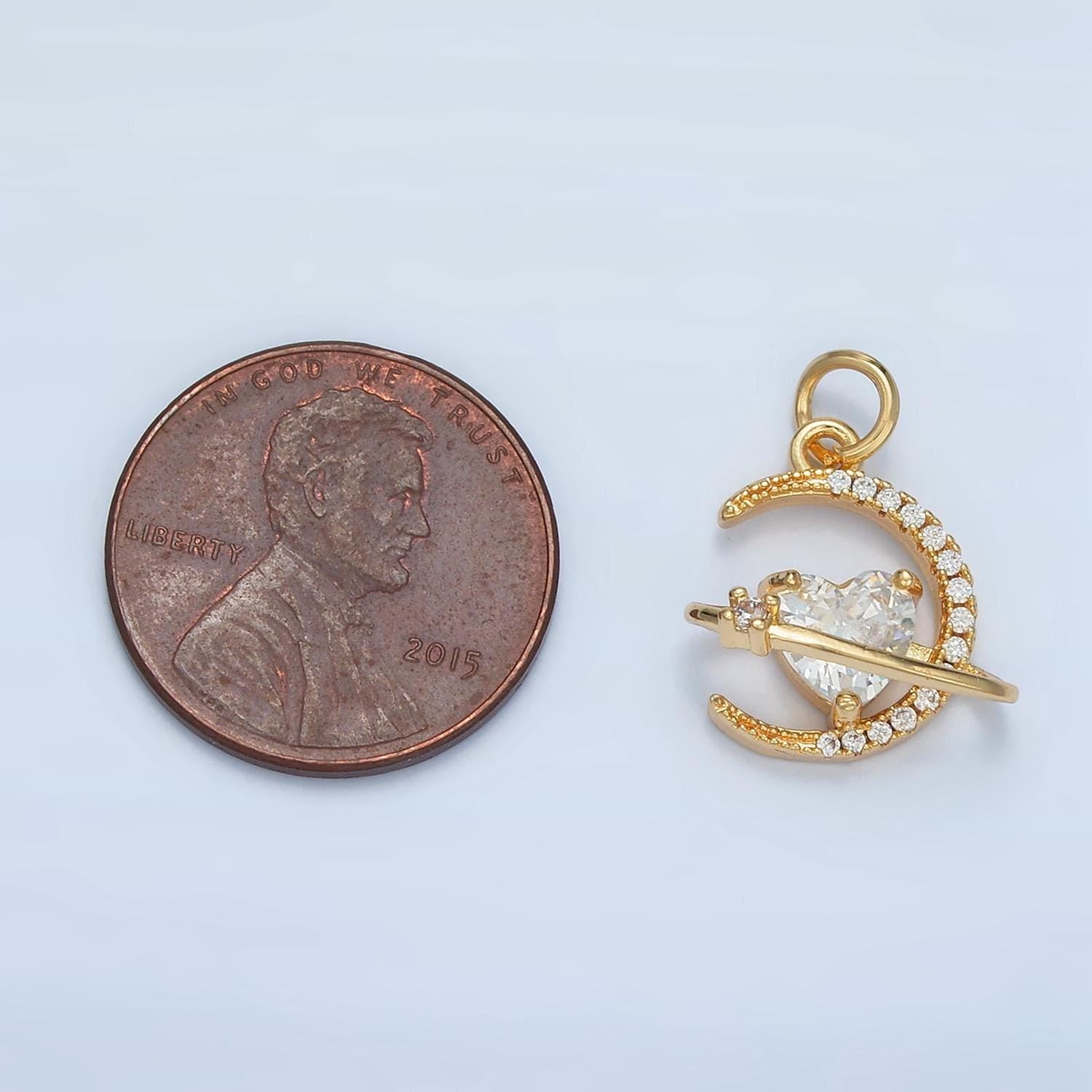 Micro paved cz crescent moon with heart gold filled celestial charm | e-741