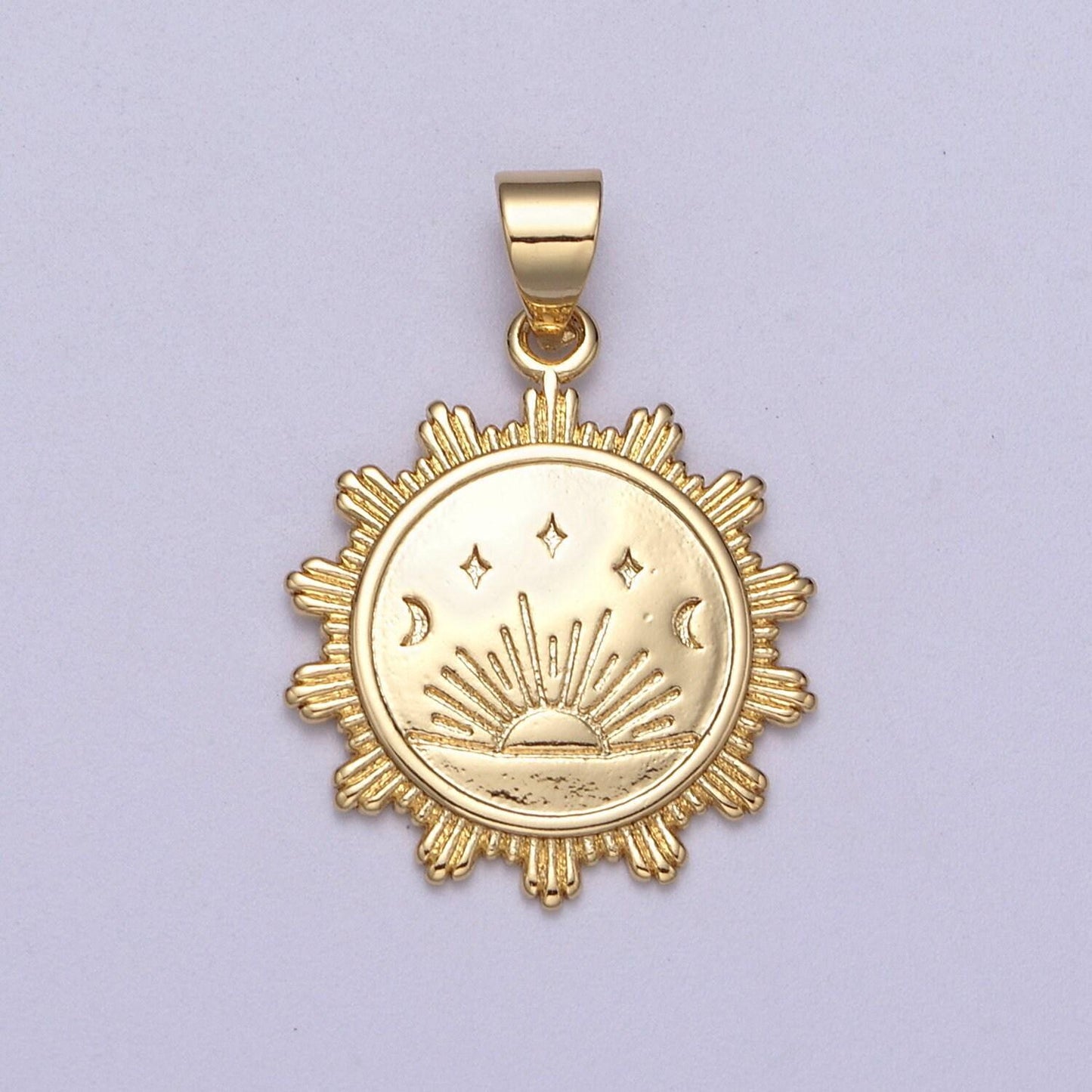 Sunrise pendant 24k gold filled lead nickel free, unique sun pendant, coin charm, round pendant, jewelry making supplies h-394