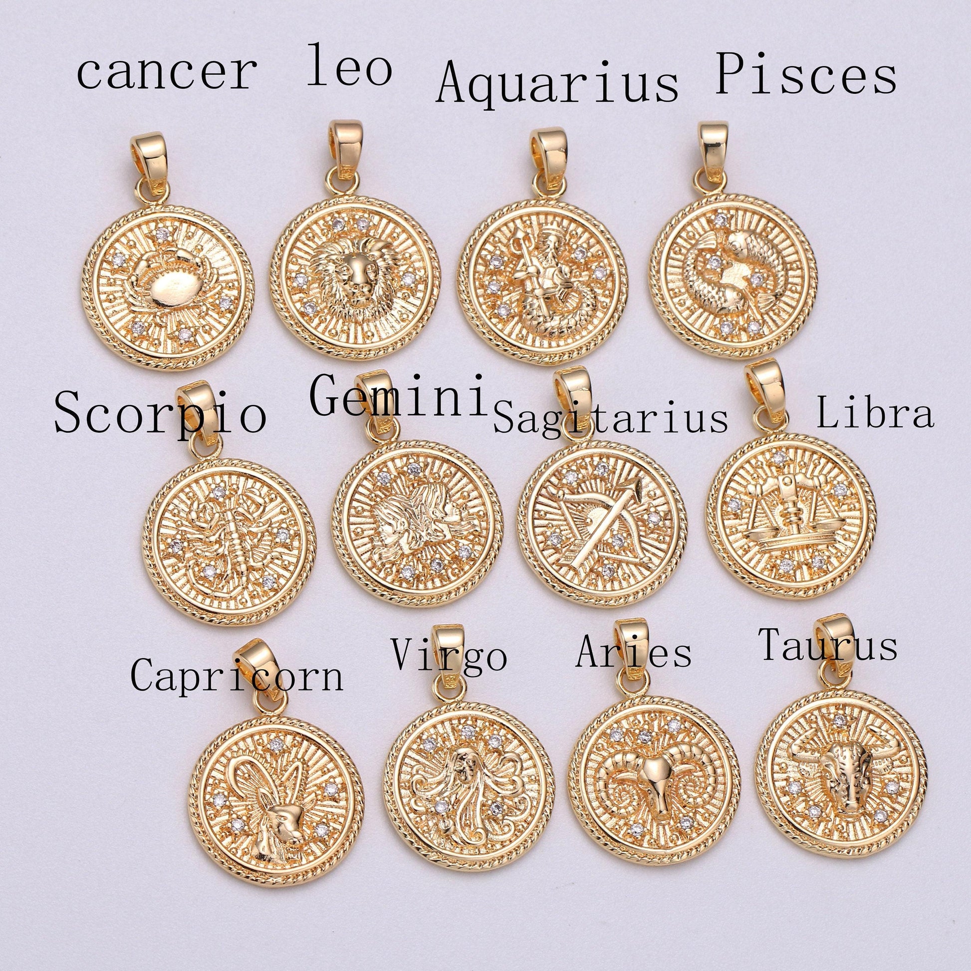 Dainty zodiac horoscope sign constellation medallion pendant charm textured coin decorative edge for necklace jewelry making, a1761--1766