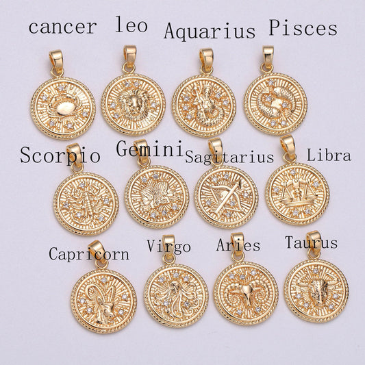 Dainty zodiac horoscope sign constellation medallion pendant charm textured coin decorative edge for necklace jewelry making, a1761--1766