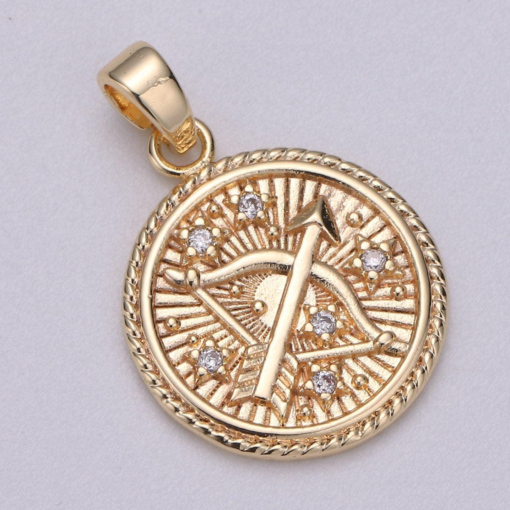 Dainty zodiac horoscope sign constellation medallion pendant charm textured coin decorative edge for necklace jewelry making, a1761--1766