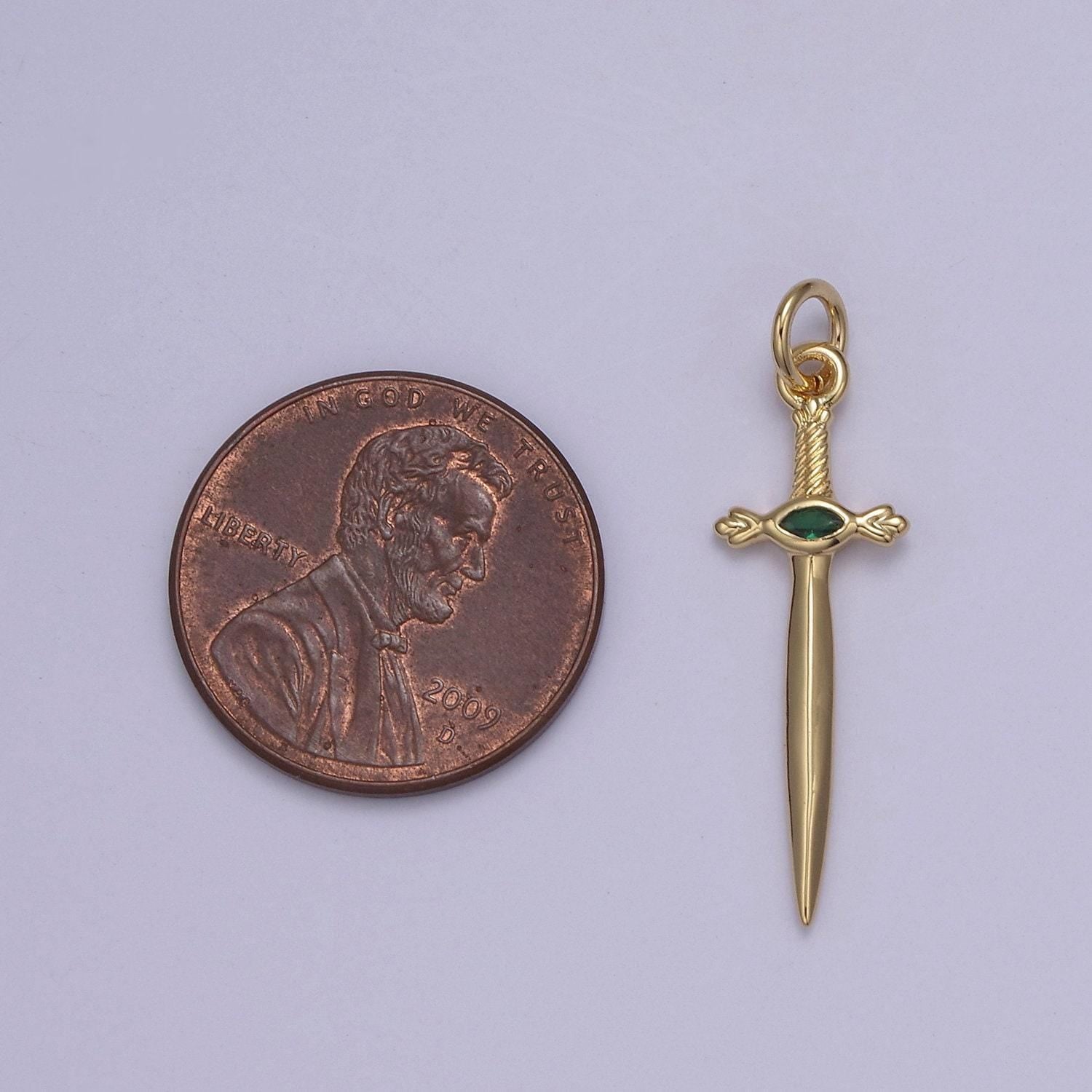 Dainty sword inlay cz gemstone with 4 color option dagger knife pendant | diy fashion charm add on necklace bracelet | n-811