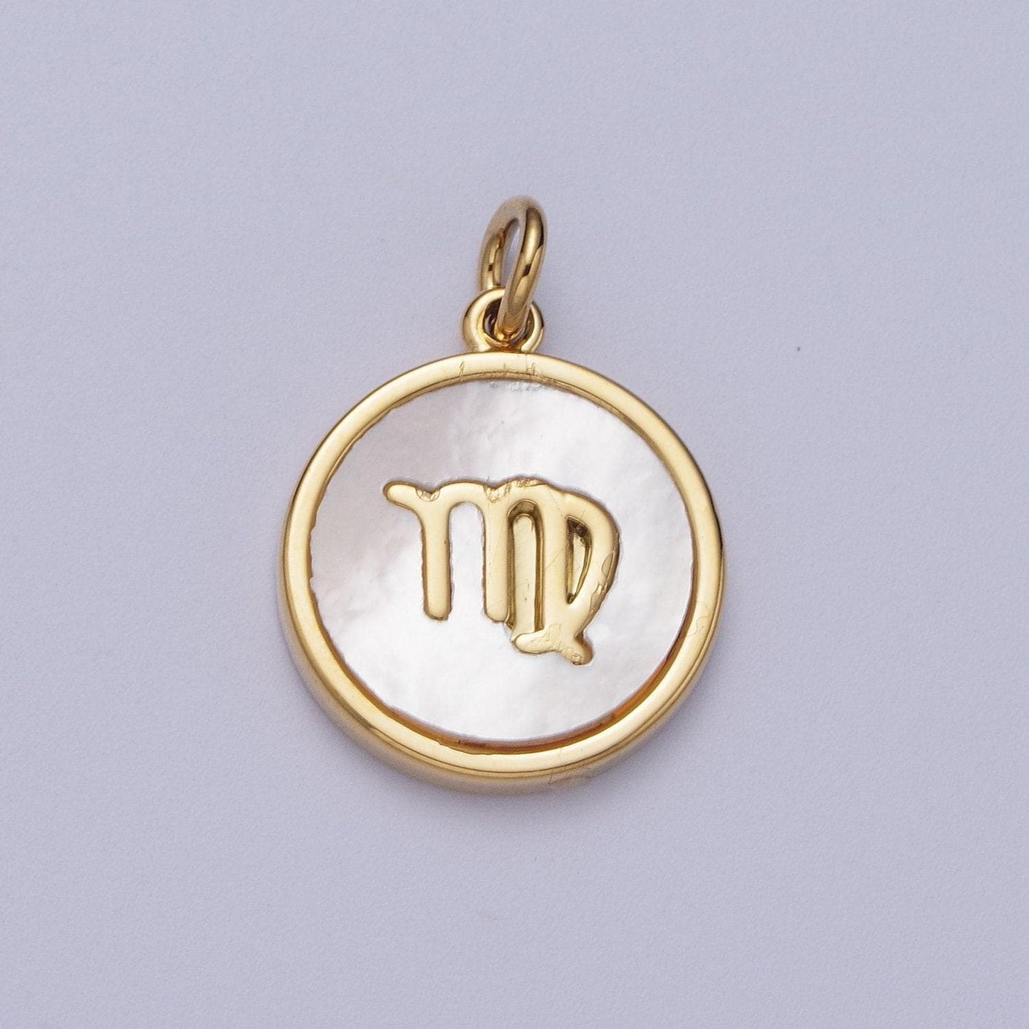 Shell pearl gold zodiac signs medallion pendant, 24k gold filled astrology birthday month horoscope mother of pearl round coin charm |