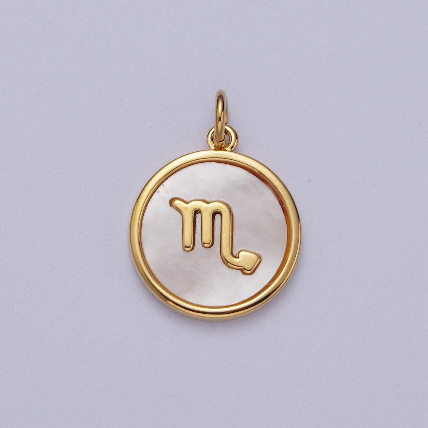 Shell pearl gold zodiac signs medallion pendant, 24k gold filled astrology birthday month horoscope mother of pearl round coin charm |