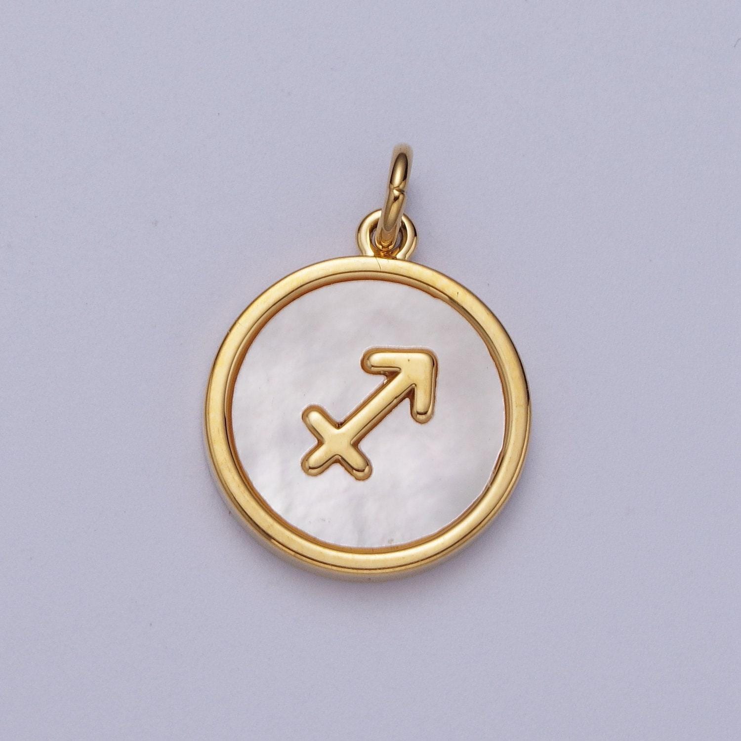 Shell pearl gold zodiac signs medallion pendant, 24k gold filled astrology birthday month horoscope mother of pearl round coin charm |