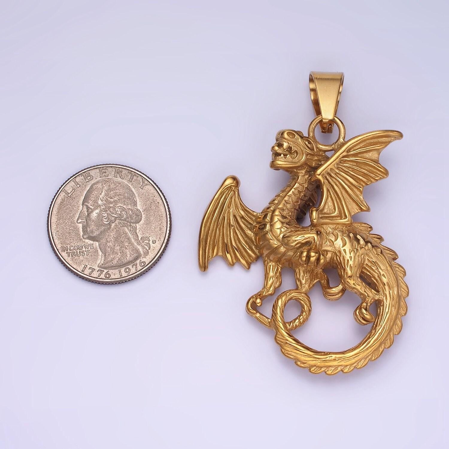 Stainless steel dragon necklace charm gold mythical animal pendant jewelry for men statement jewelry p-1211