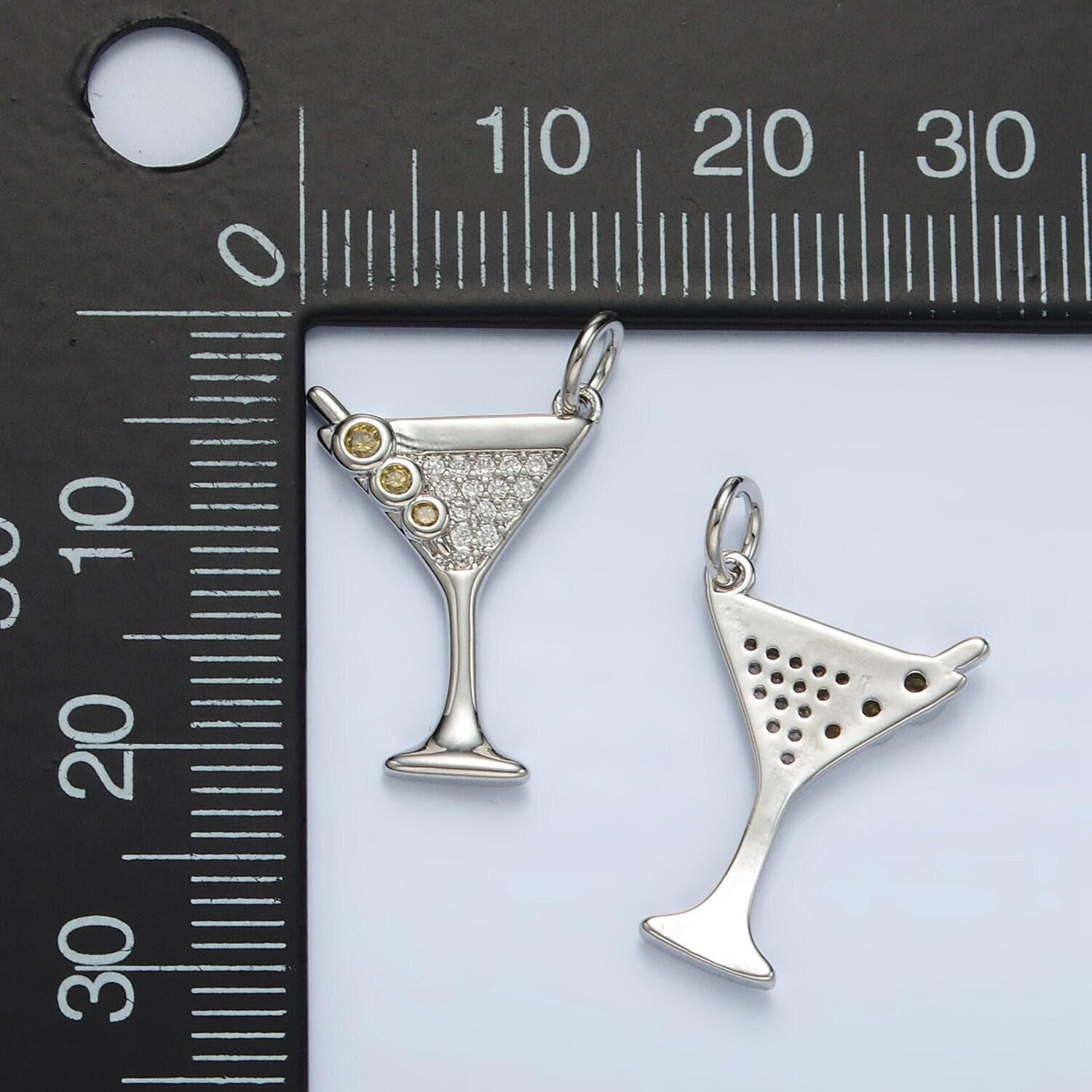 Dainty gold martini charm with cz cubic gold drink glass olive micro pave pendant silver cocktail pendant drink charm in 14k gold filled