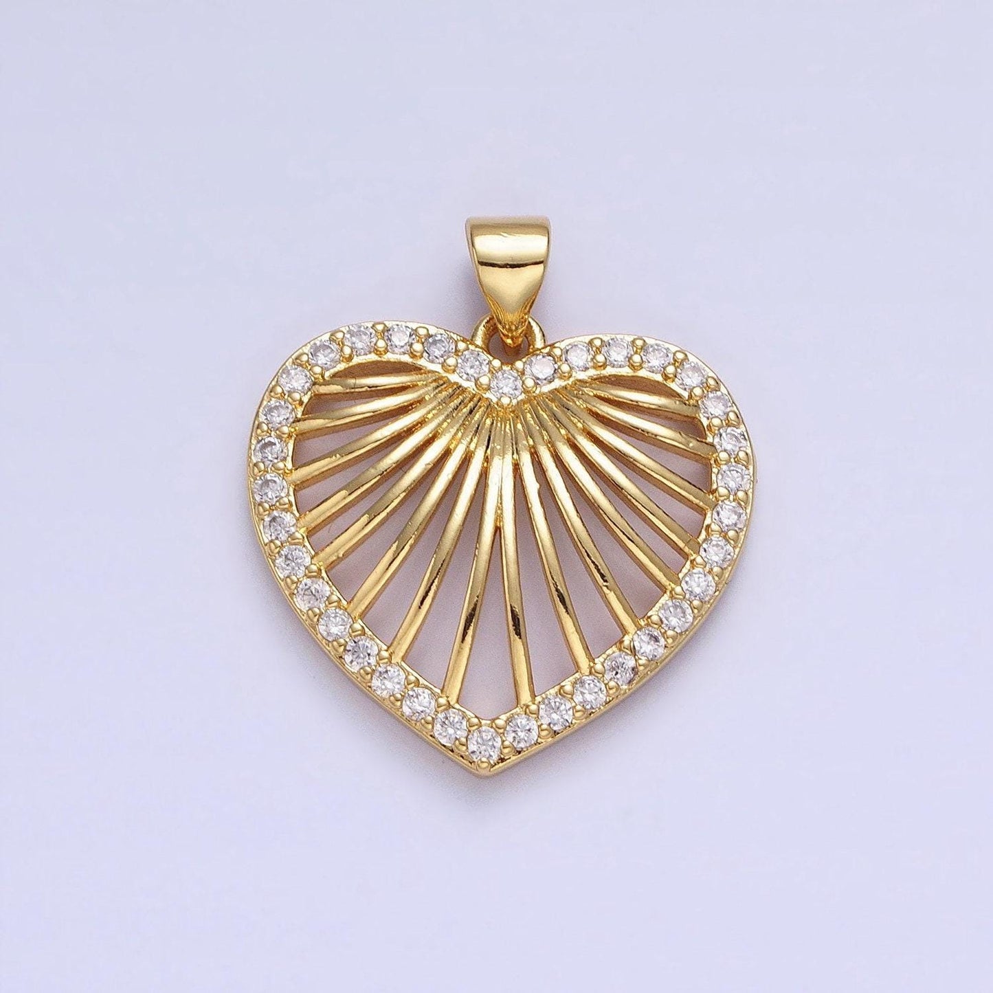 Gold radiant heart pendant, 24k gold filled cz sunburst love heart token charm w. micro pave cz edge | aa344