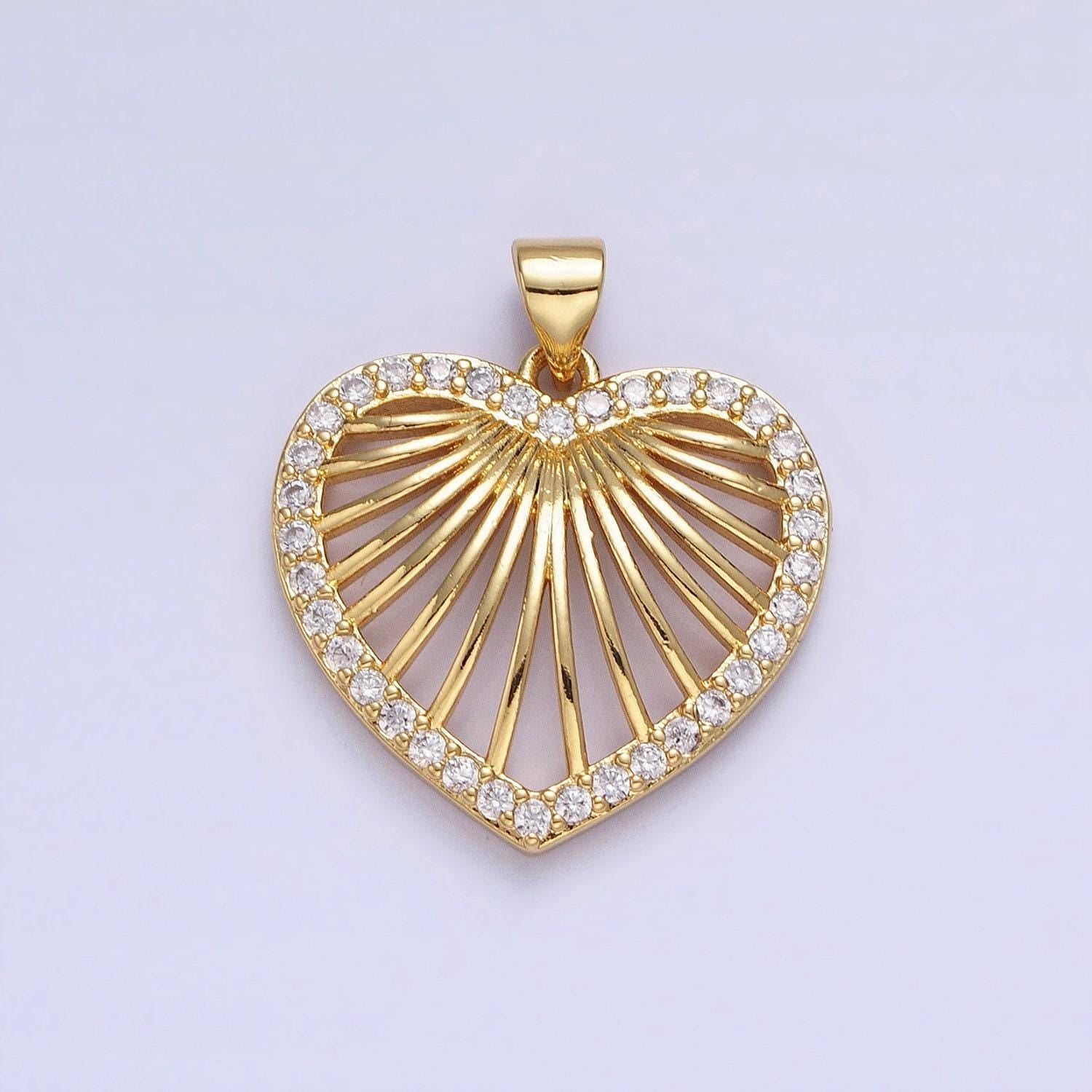 Gold radiant heart pendant, 24k gold filled cz sunburst love heart token charm w. micro pave cz edge | aa344