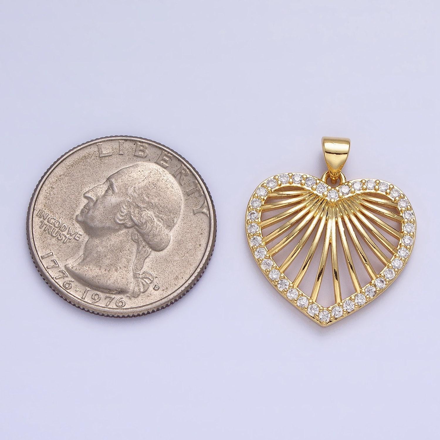 Gold radiant heart pendant, 24k gold filled cz sunburst love heart token charm w. micro pave cz edge | aa344