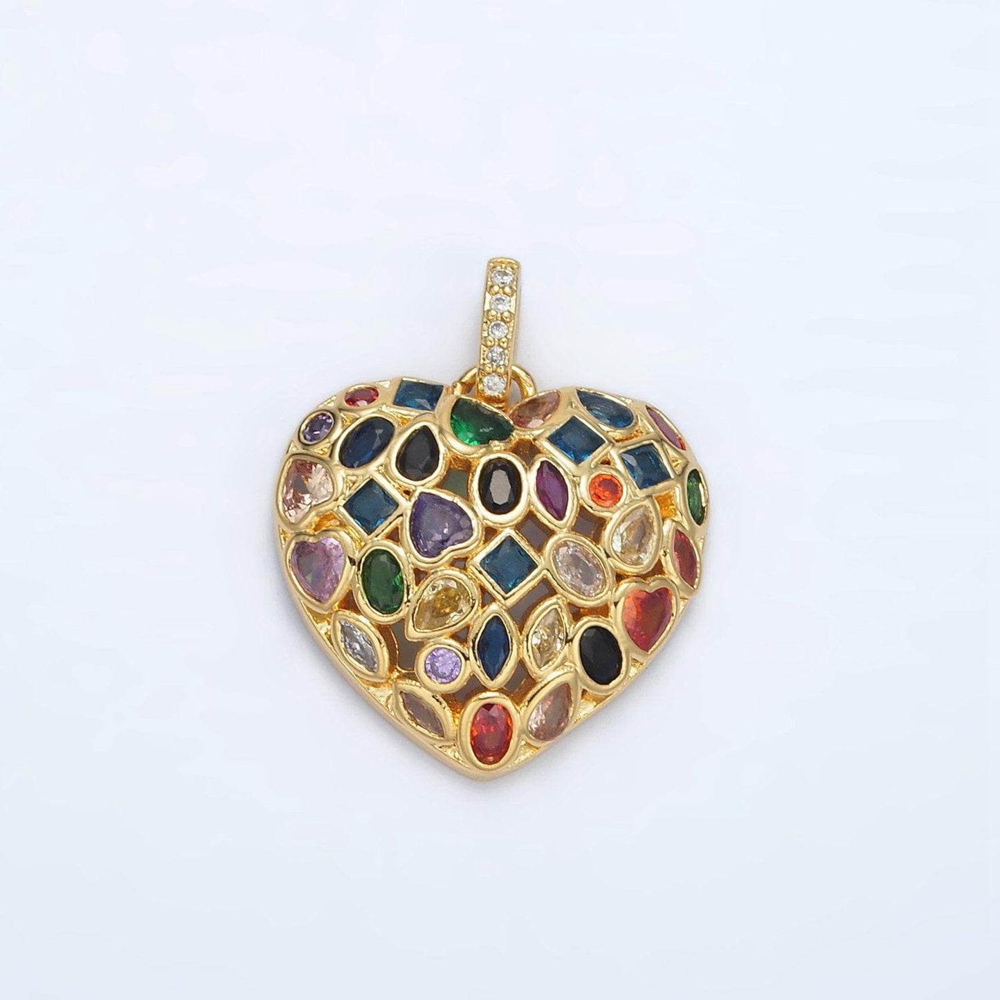 Rainbow heart 24k gold filled cz love pendant charm variety geometric shape cubic pave love heart pendant aa1366
