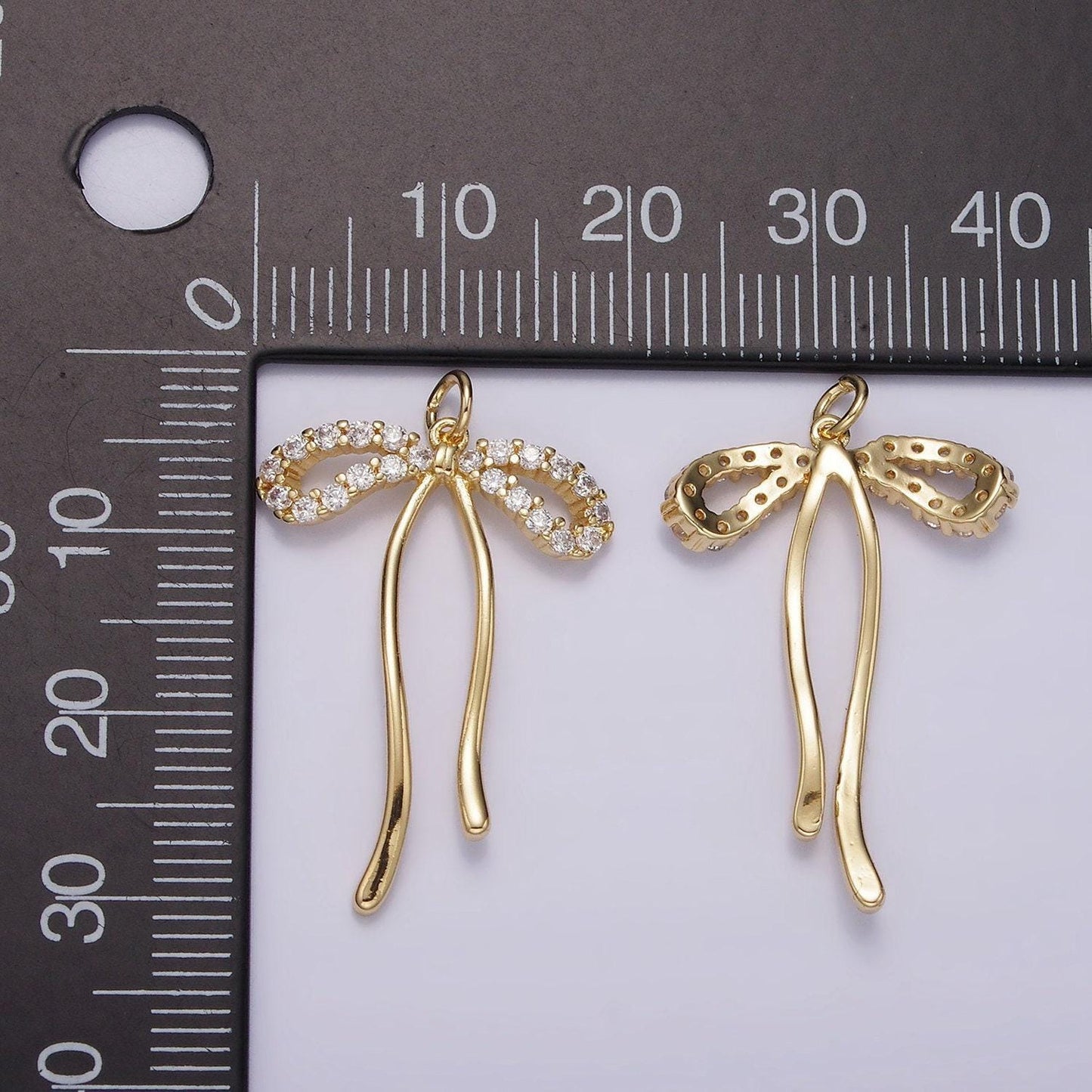 14k gold filled 30mm ribbon bow micro paved cz charm | ag495