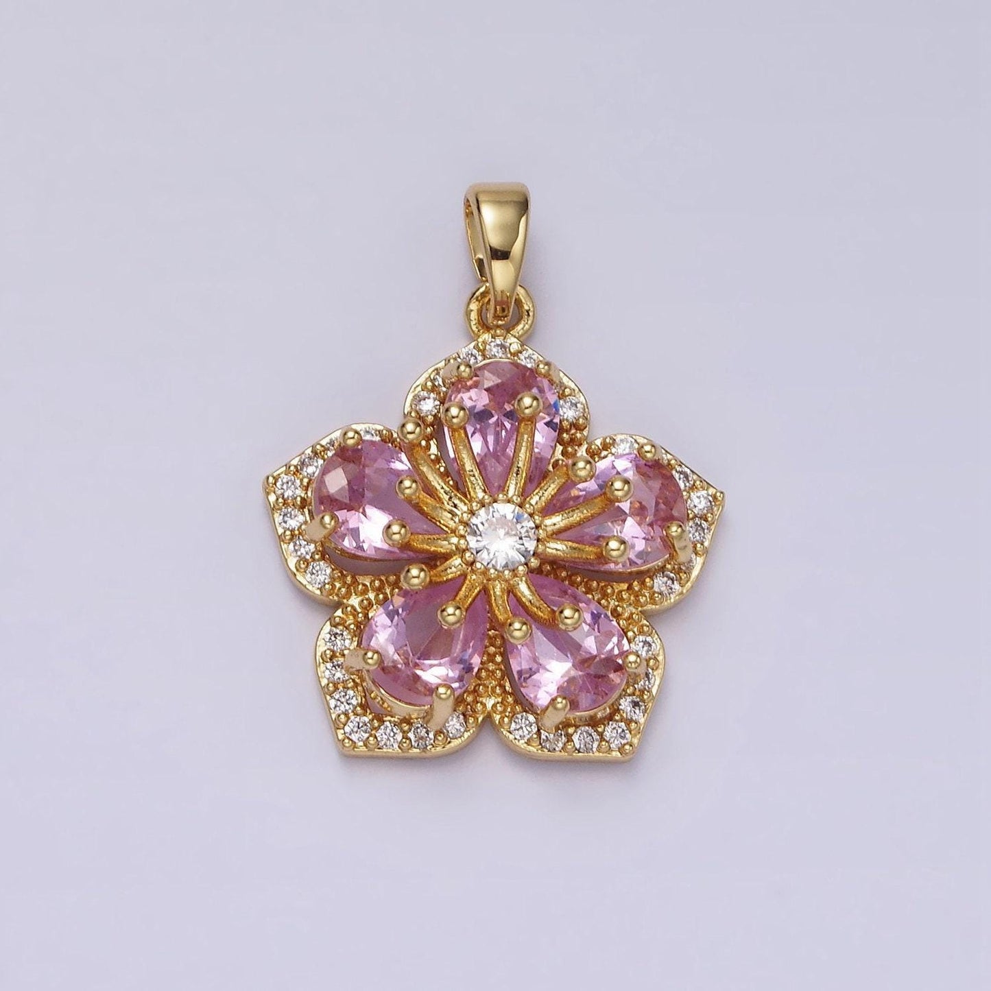 Pink teardrop cz hibiscus gold charm cluster cubic charm, dainty flower pendant dainty hawaiian inspired charm for diy supply ah049