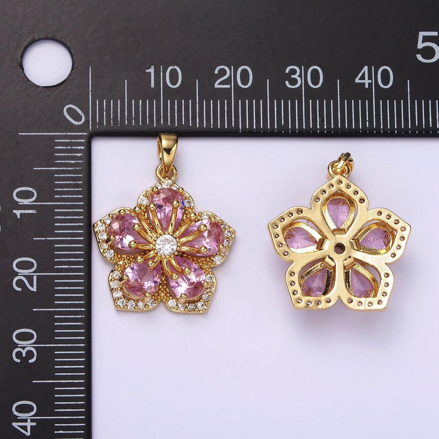 Pink teardrop cz hibiscus gold charm cluster cubic charm, dainty flower pendant dainty hawaiian inspired charm for diy supply ah049