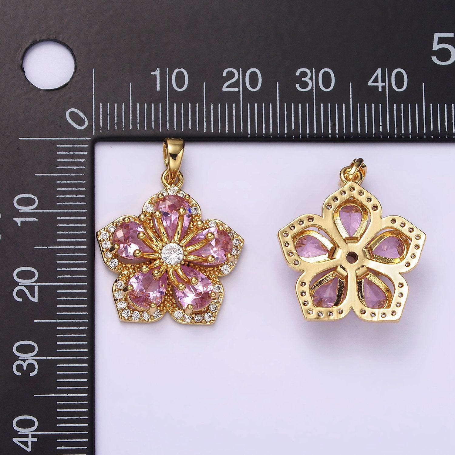 Pink teardrop cz hibiscus gold charm cluster cubic charm, dainty flower pendant dainty hawaiian inspired charm for diy supply ah049