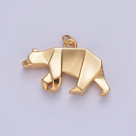 24k gold filled simple origami crawling bear pendant, minimalistic paper forest bear charms for diy jewelry | x-079