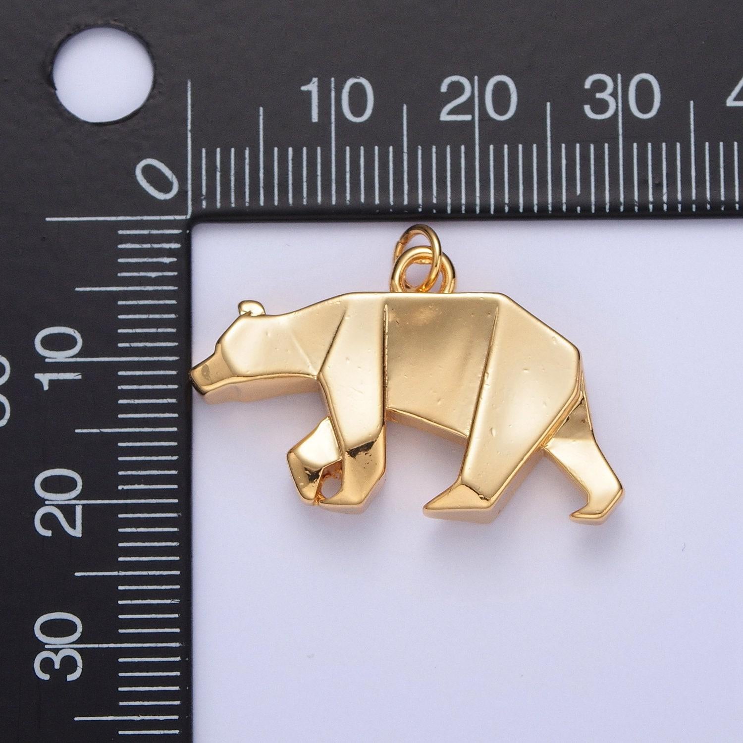 24k gold filled simple origami crawling bear pendant, minimalistic paper forest bear charms for diy jewelry | x-079