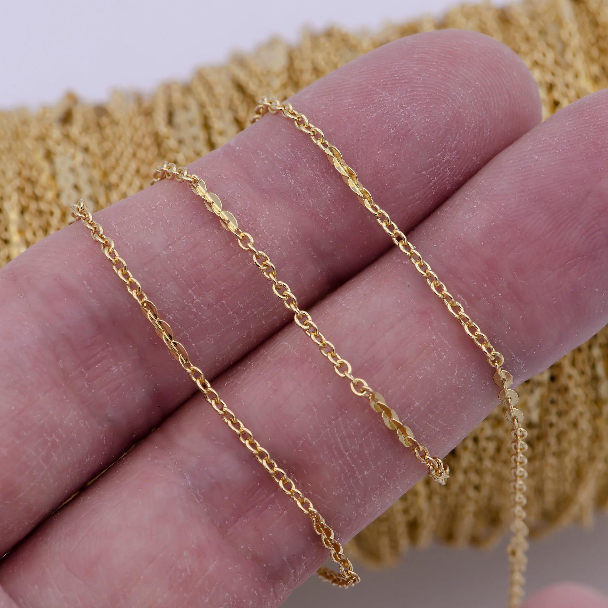 Dainty 1.5mm link chain, 24k gold filled cable unfinished chain in gold for dainty jewelry making | roll-692
