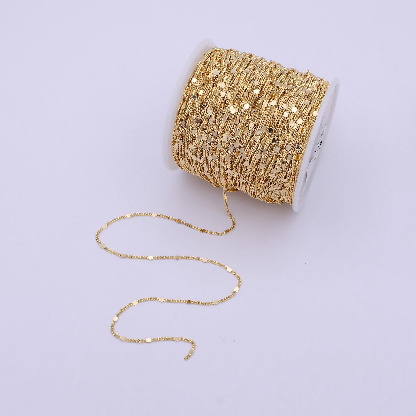 24k gold filled unfinished curb chain by yard, dainty 2mm flat round medallion links, wholesale unique bulk roll | roll-715