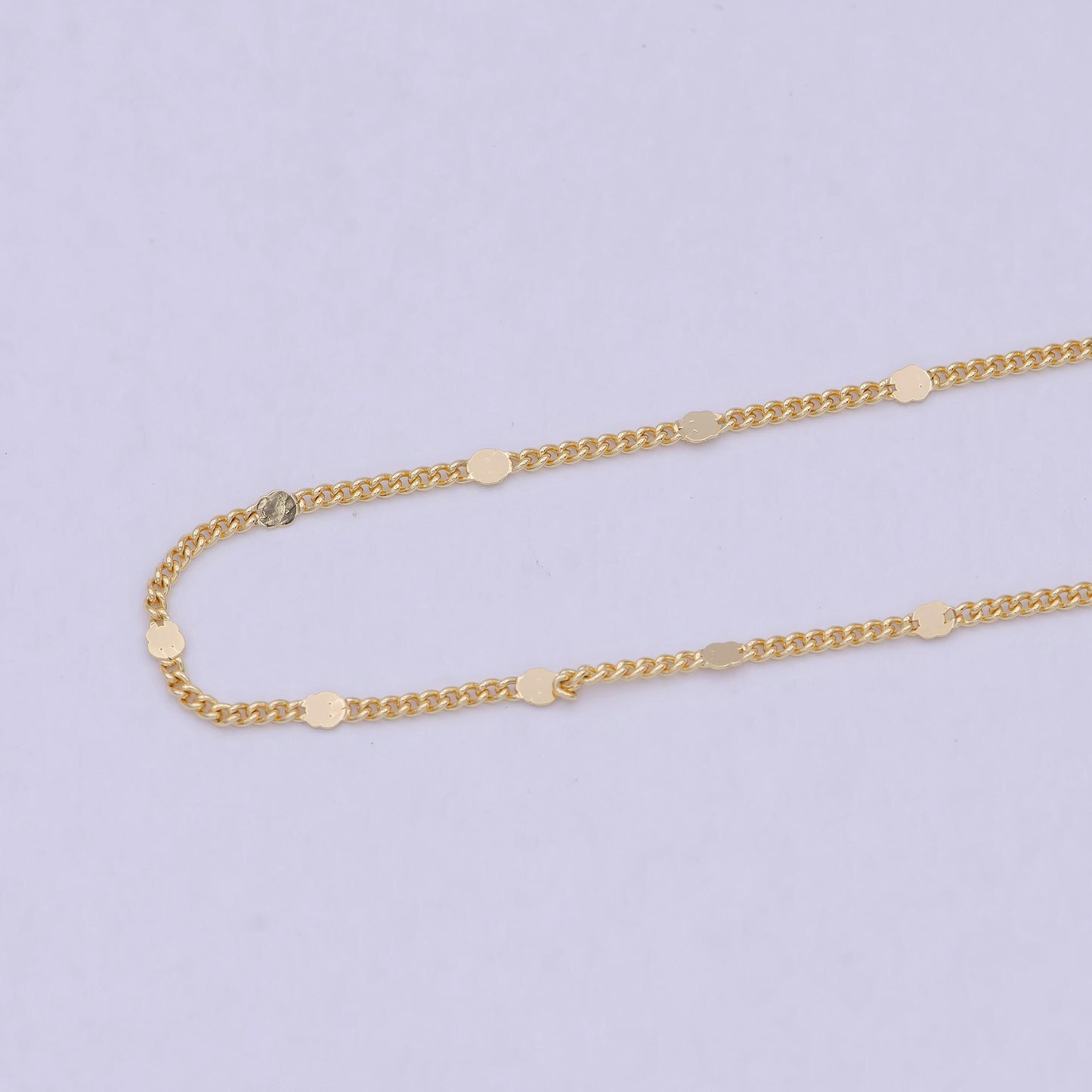 24k gold filled unfinished curb chain by yard, dainty 2mm flat round medallion links, wholesale unique bulk roll | roll-715