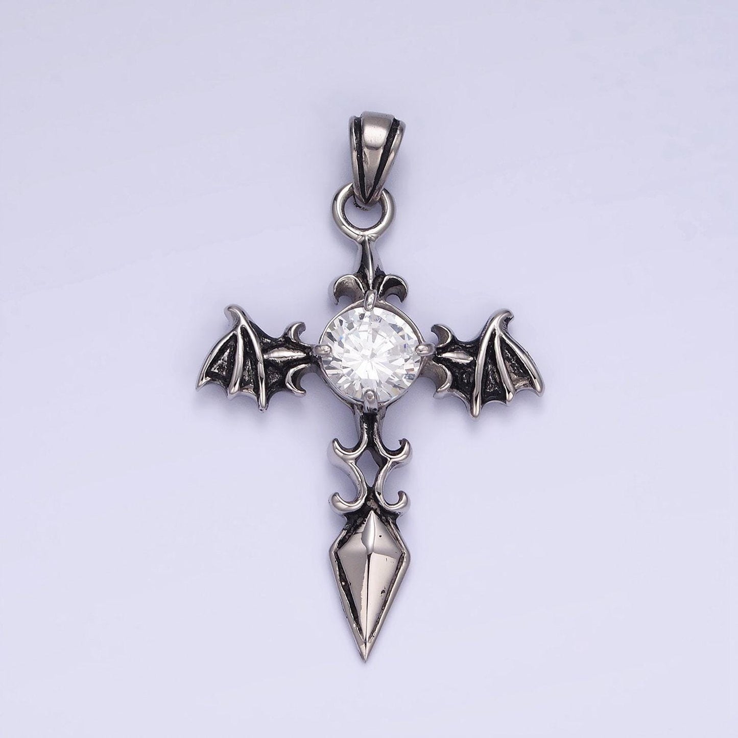Gothic punk vampire bat wing cross necklace pendant antique silver stainless steel cross wings charm p-1415