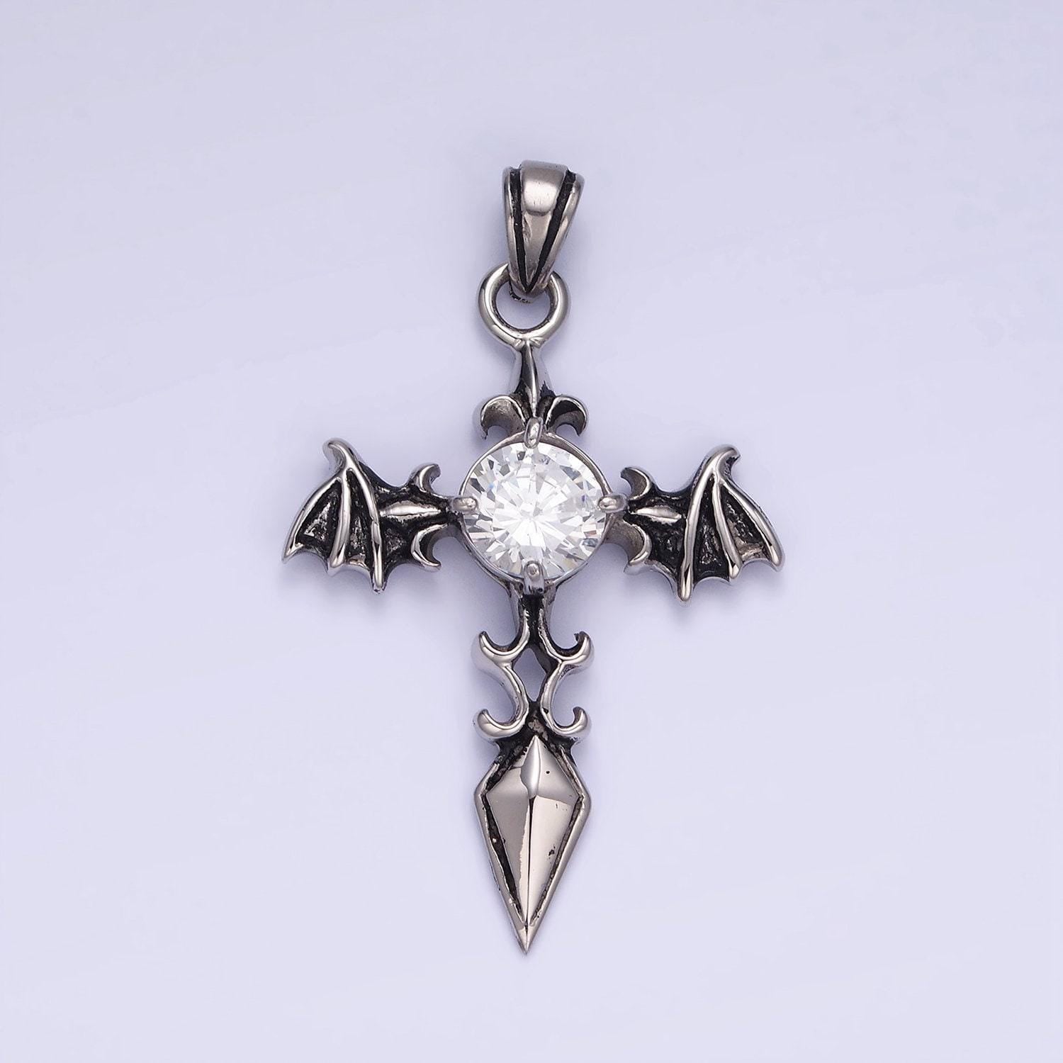 Gothic punk vampire bat wing cross necklace pendant antique silver stainless steel cross wings charm p-1415