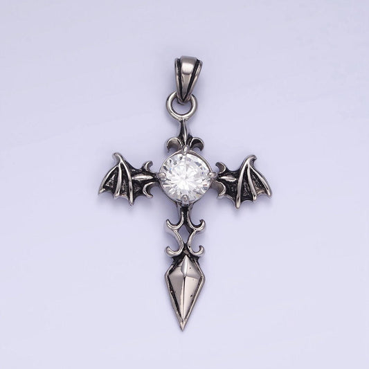 Gothic punk vampire bat wing cross necklace pendant antique silver stainless steel cross wings charm p-1415