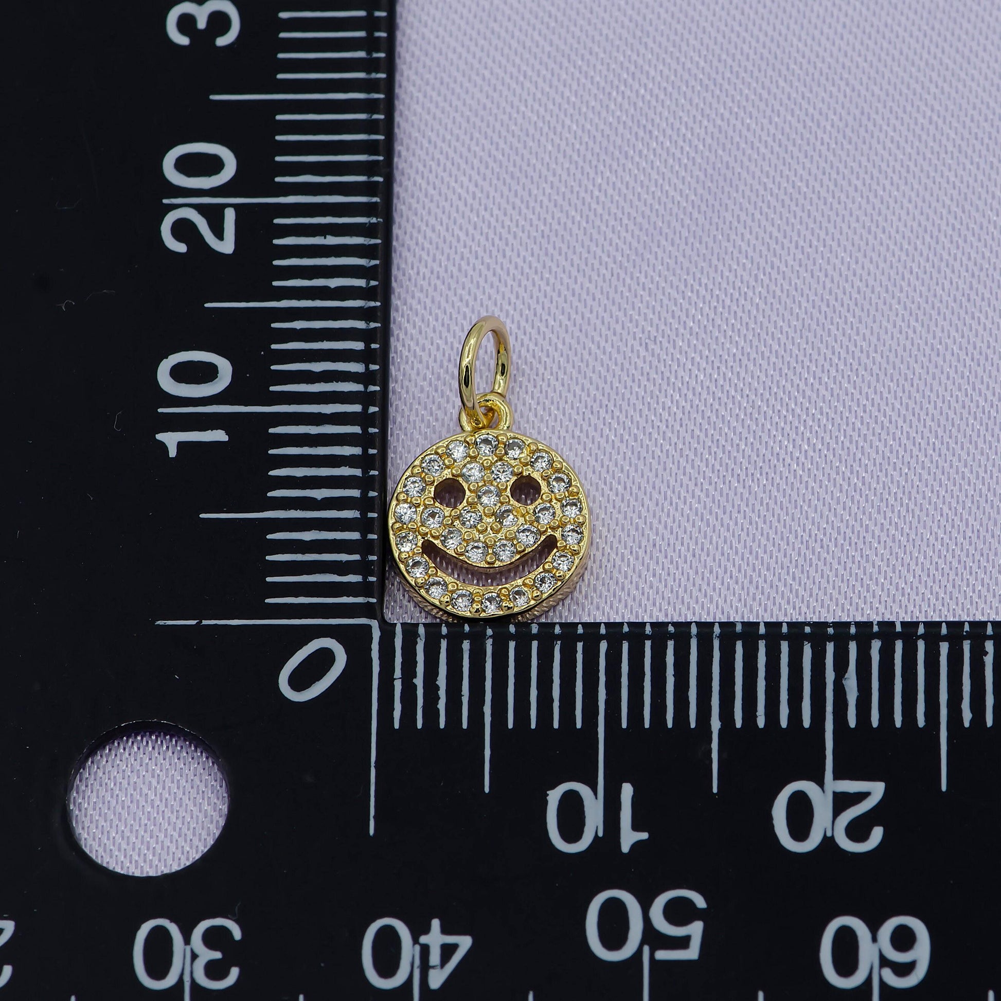 Cubic happy face charm, gold smile face charms, emoticon tiny face in gold round charm, dainty micro pave charm 90s trend jewelry