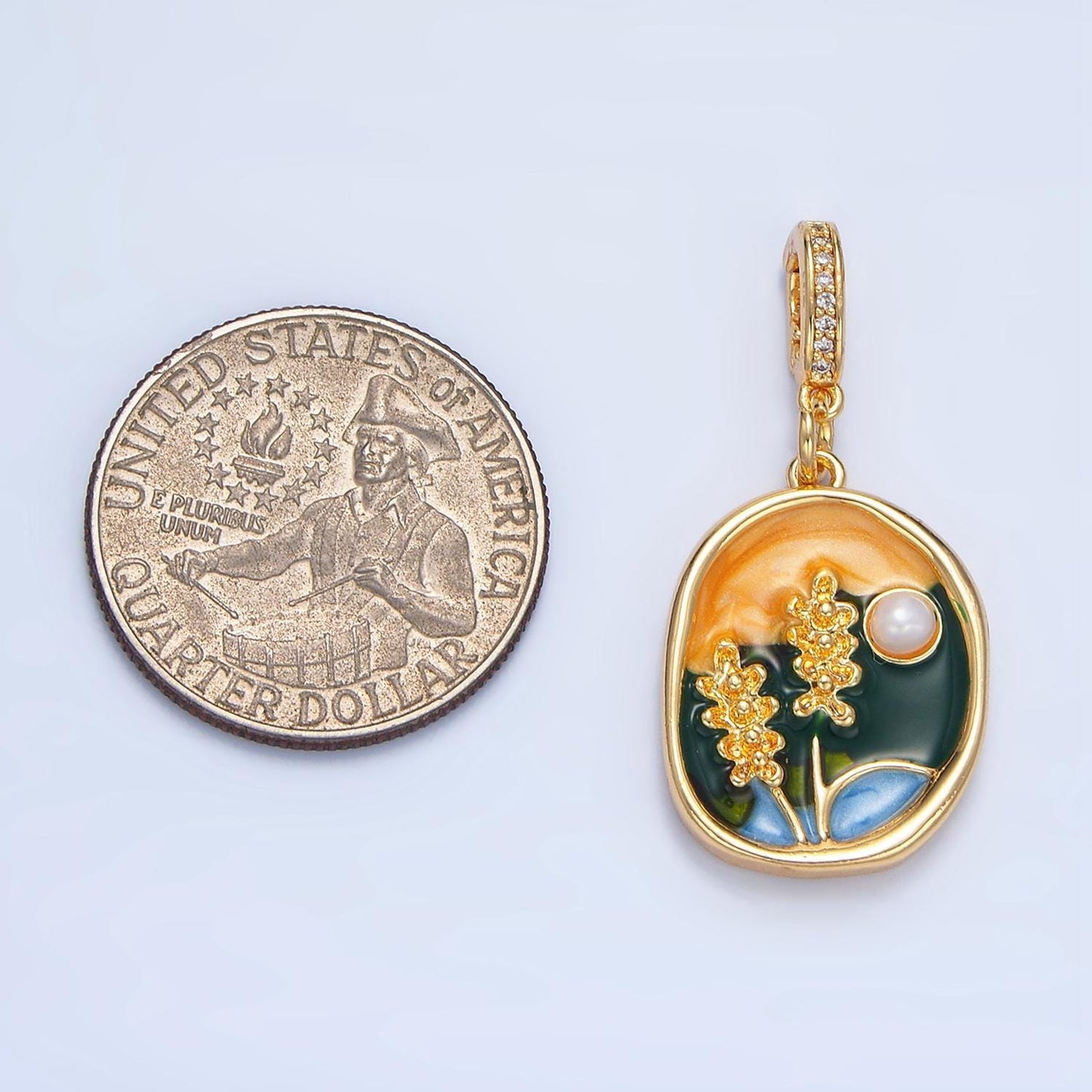 Floral flower pearl painting 24k gold filled abstract circle pendant | aa-982