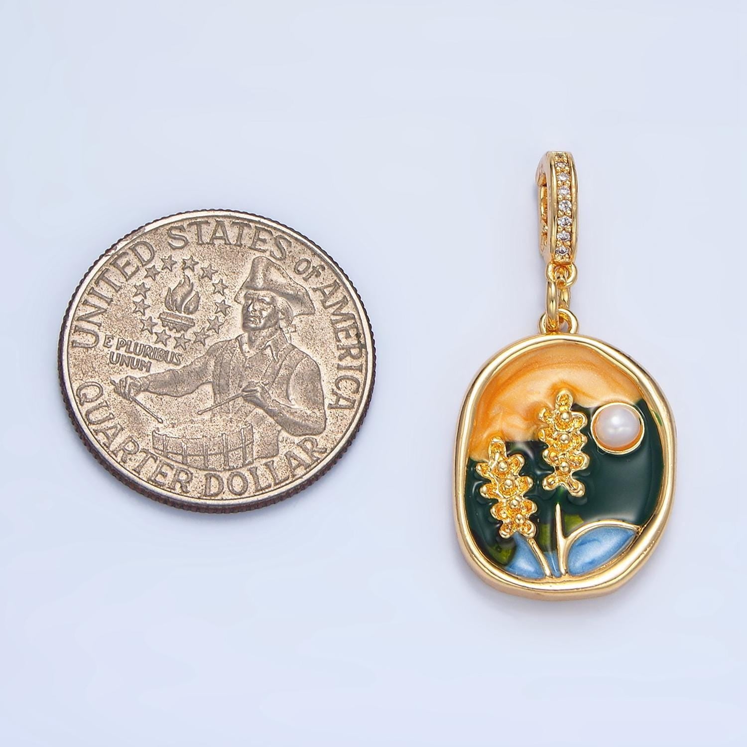 Floral flower pearl painting 24k gold filled abstract circle pendant | aa-982