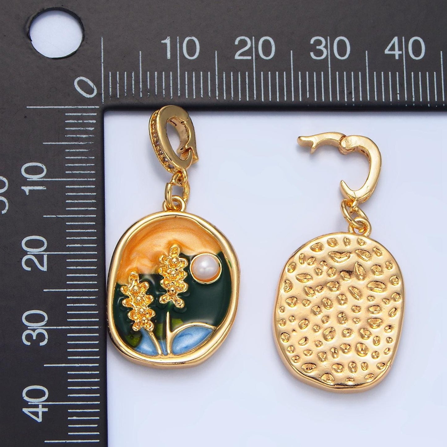Floral flower pearl painting 24k gold filled abstract circle pendant | aa-982