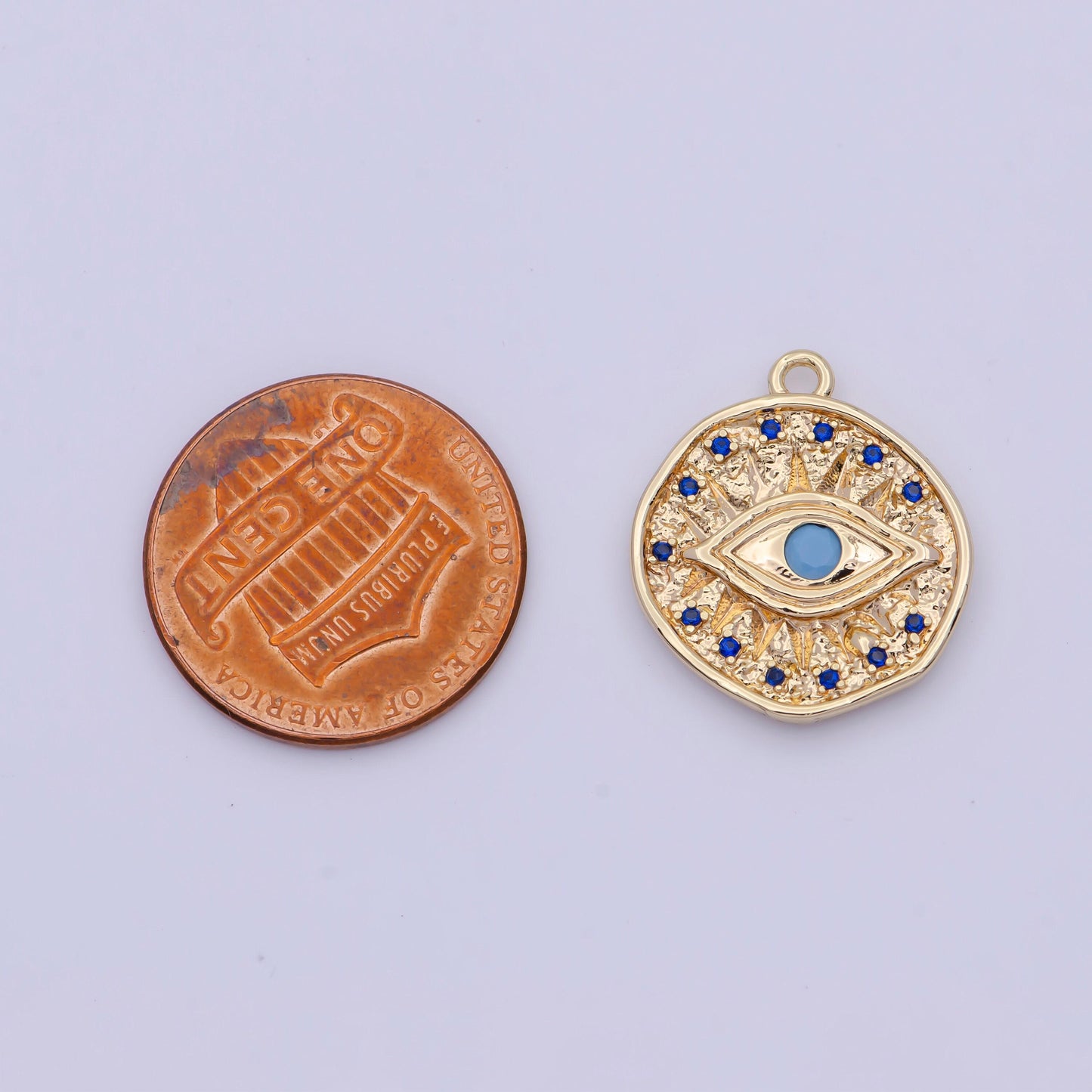Gold evil eye pendant w. azurite blue and turquoise blue iris micro paved cubic zirconia cz 24k gold filled coin medallion charm | ag138
