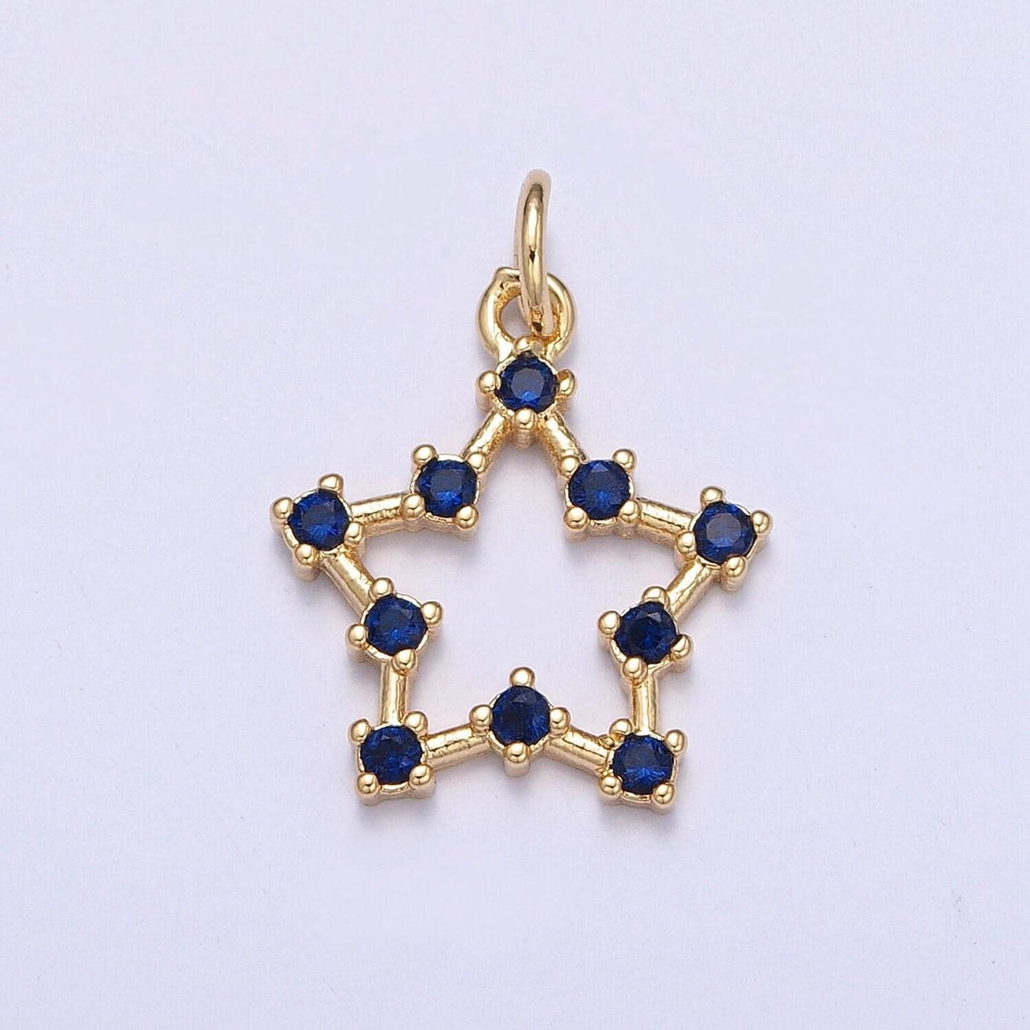 24k gold micro pave star charm, hollow center and blue stones around, cubic zirconia star pendant charm, charm, for diy jewelry | x-110