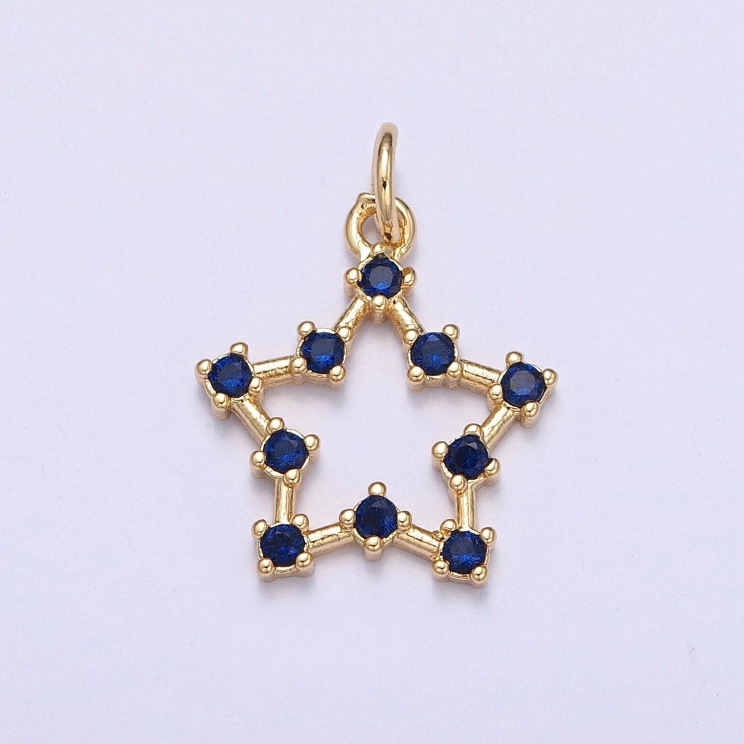 24k gold micro pave star charm, hollow center and blue stones around, cubic zirconia star pendant charm, charm, for diy jewelry | x-110