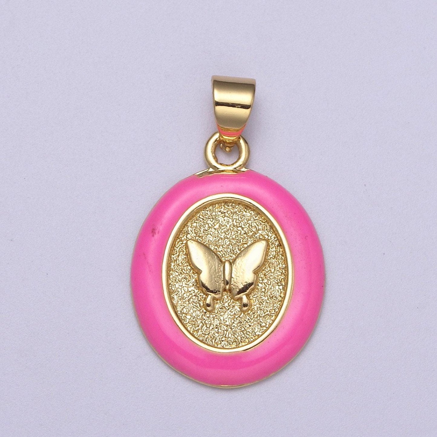 Dainty oval butterfly pendant with pink enamel frame charm h-190