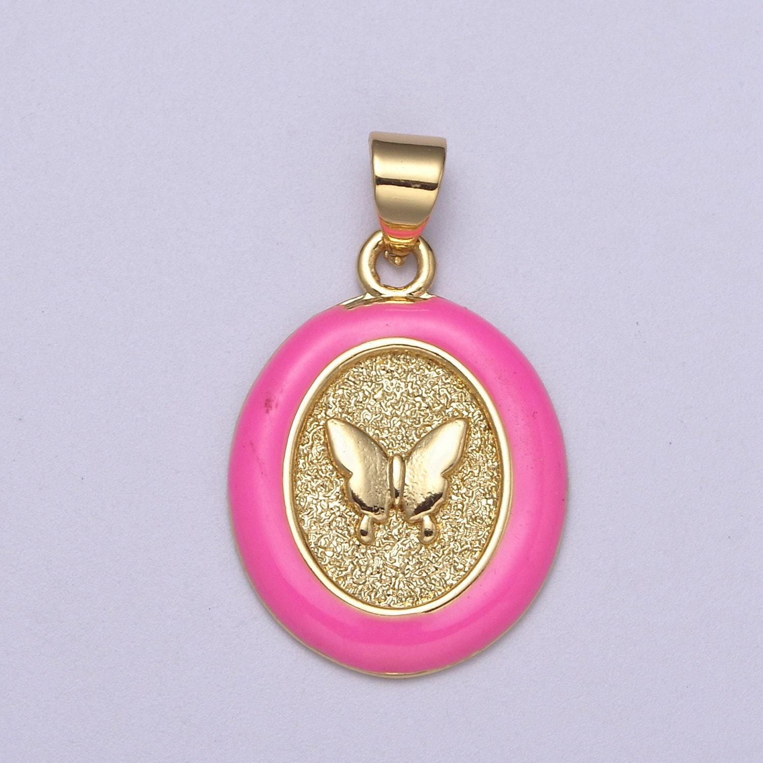 Dainty oval butterfly pendant with pink enamel frame charm h-190