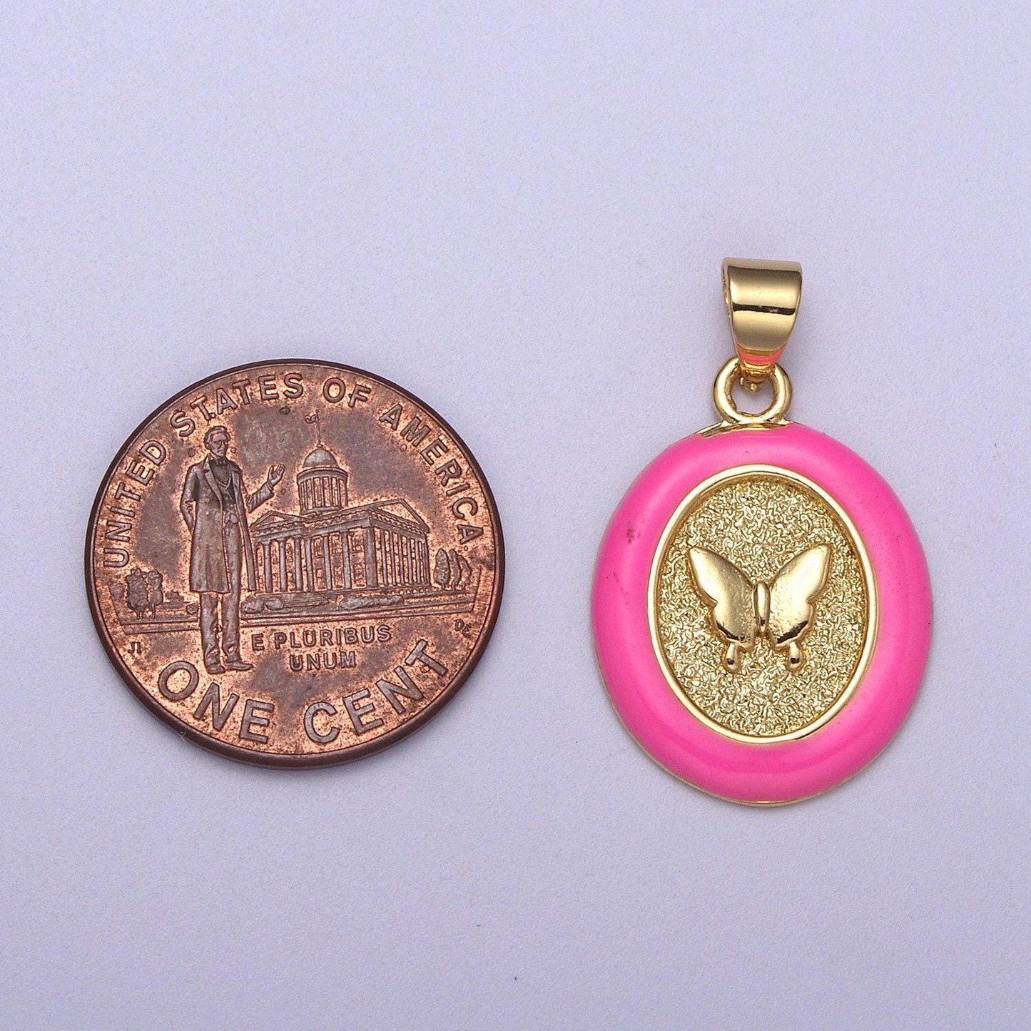 Dainty oval butterfly pendant with pink enamel frame charm h-190