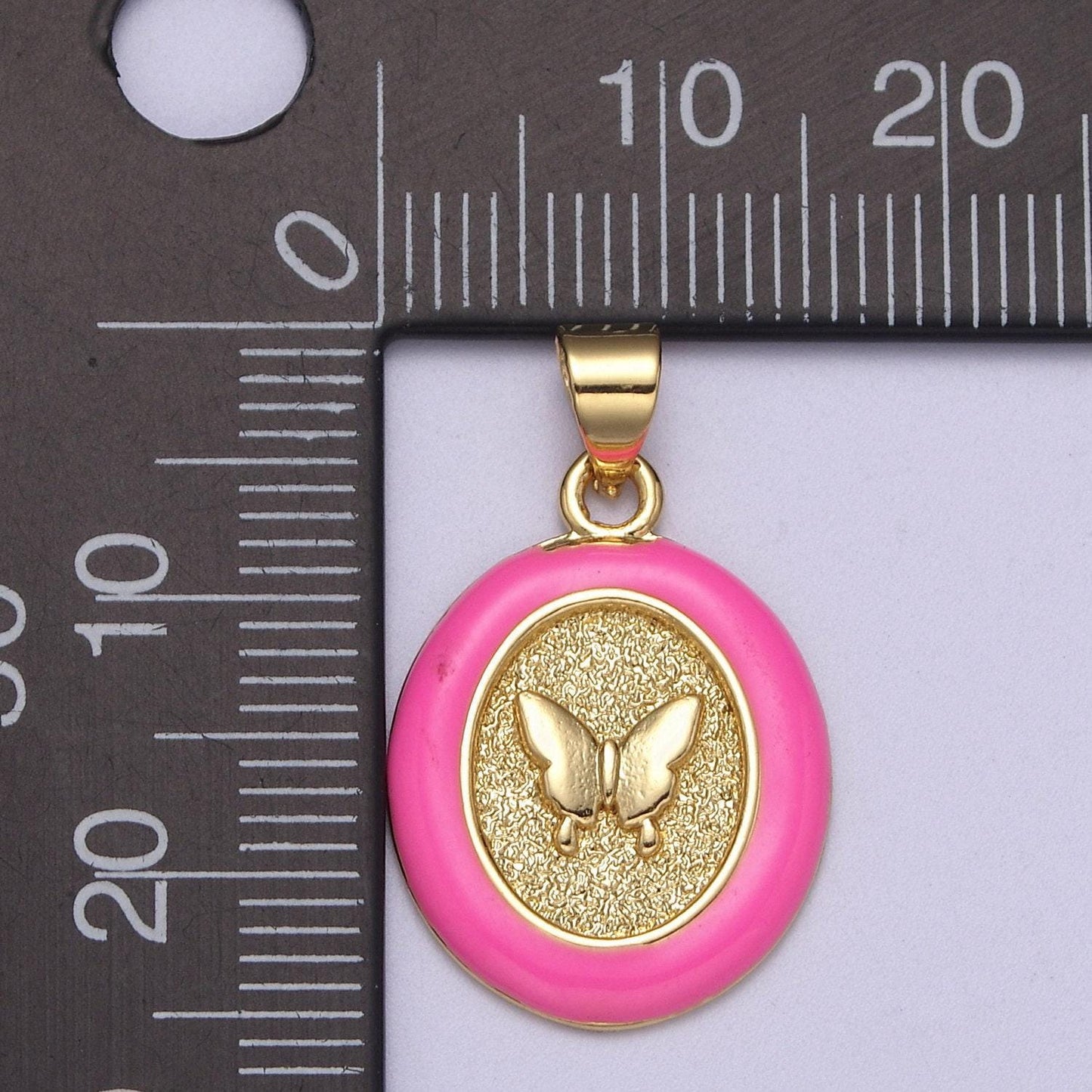 Dainty oval butterfly pendant with pink enamel frame charm h-190